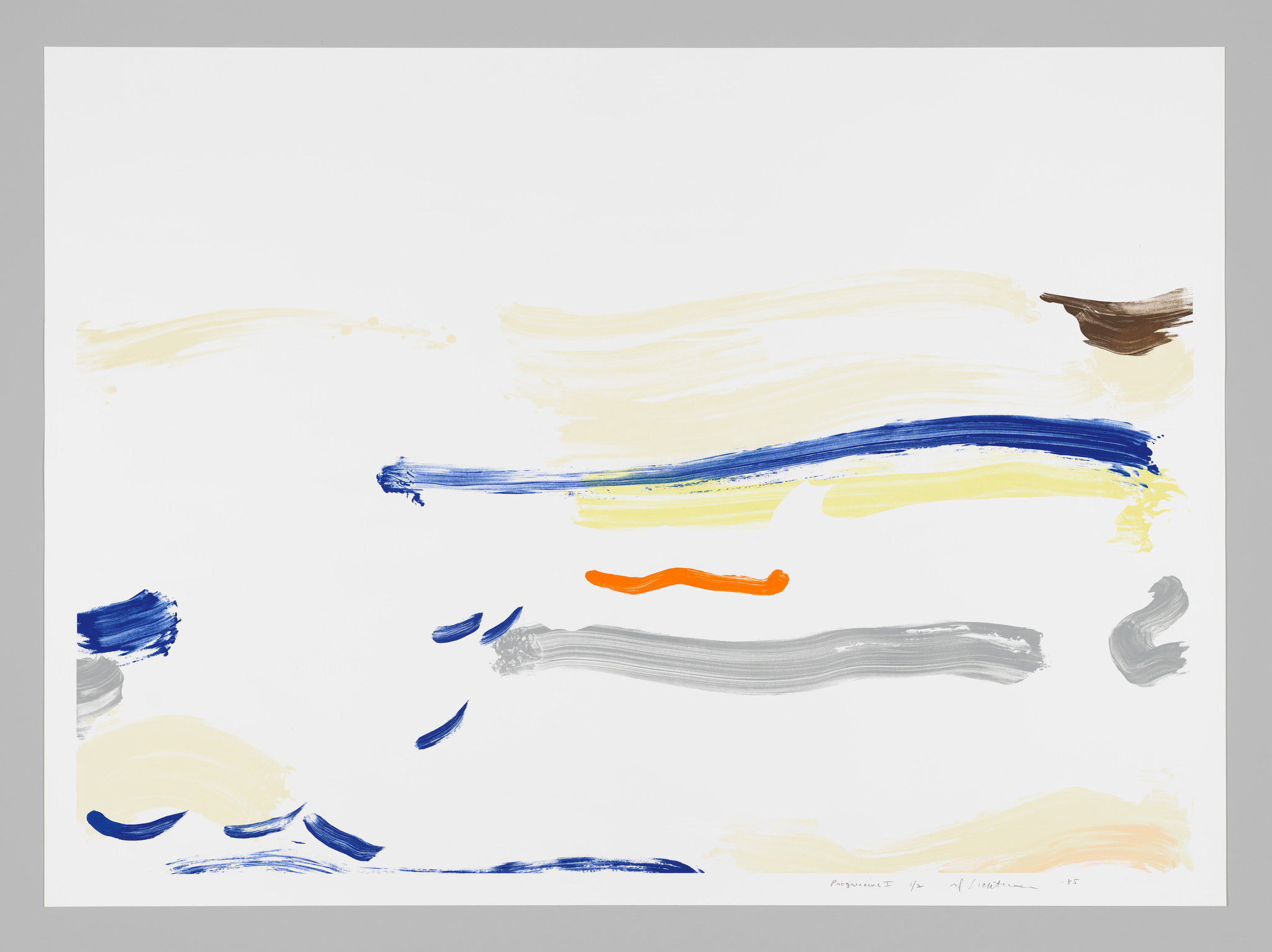 Abstract painting with broad brushstrokes in blue, yellow, orange, and gray on a white background, with the artist's signature at the bottom right corner.