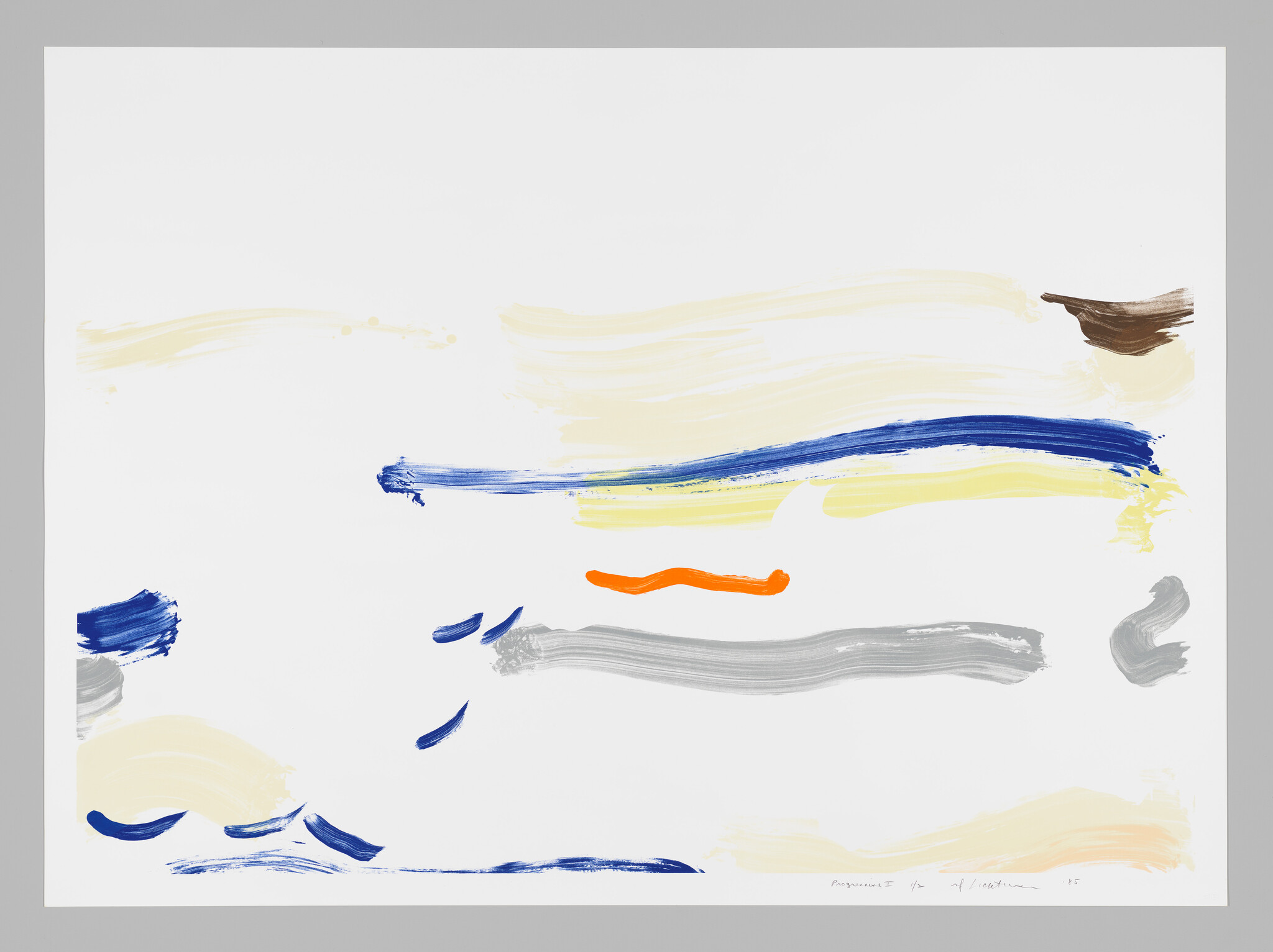 Abstract artwork with broad blue, yellow, orange, brown, and gray brushstrokes across a white background.
