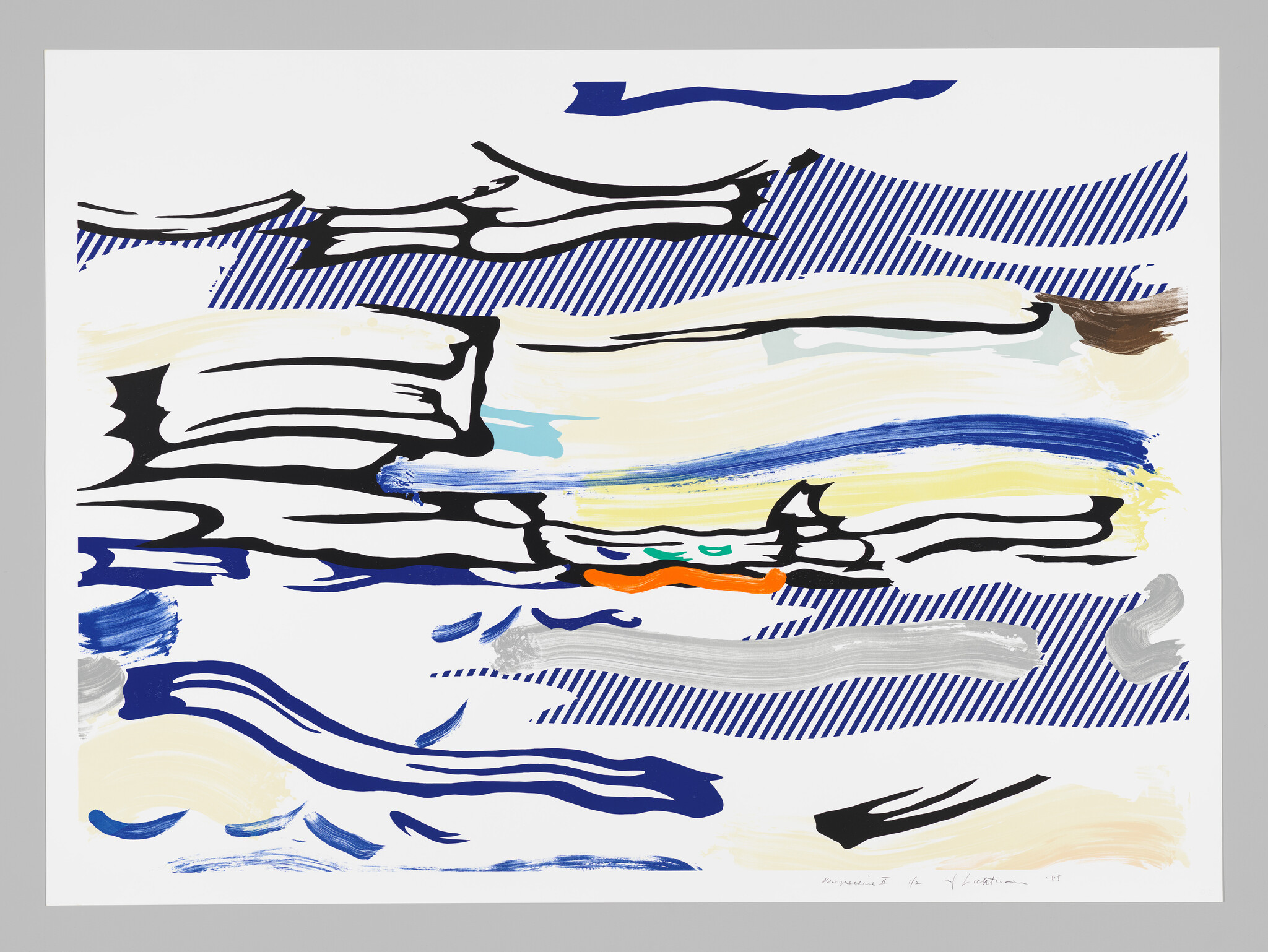 Abstract composition of sweeping blue and black brushstrokes with striped patterns and an orange accent.