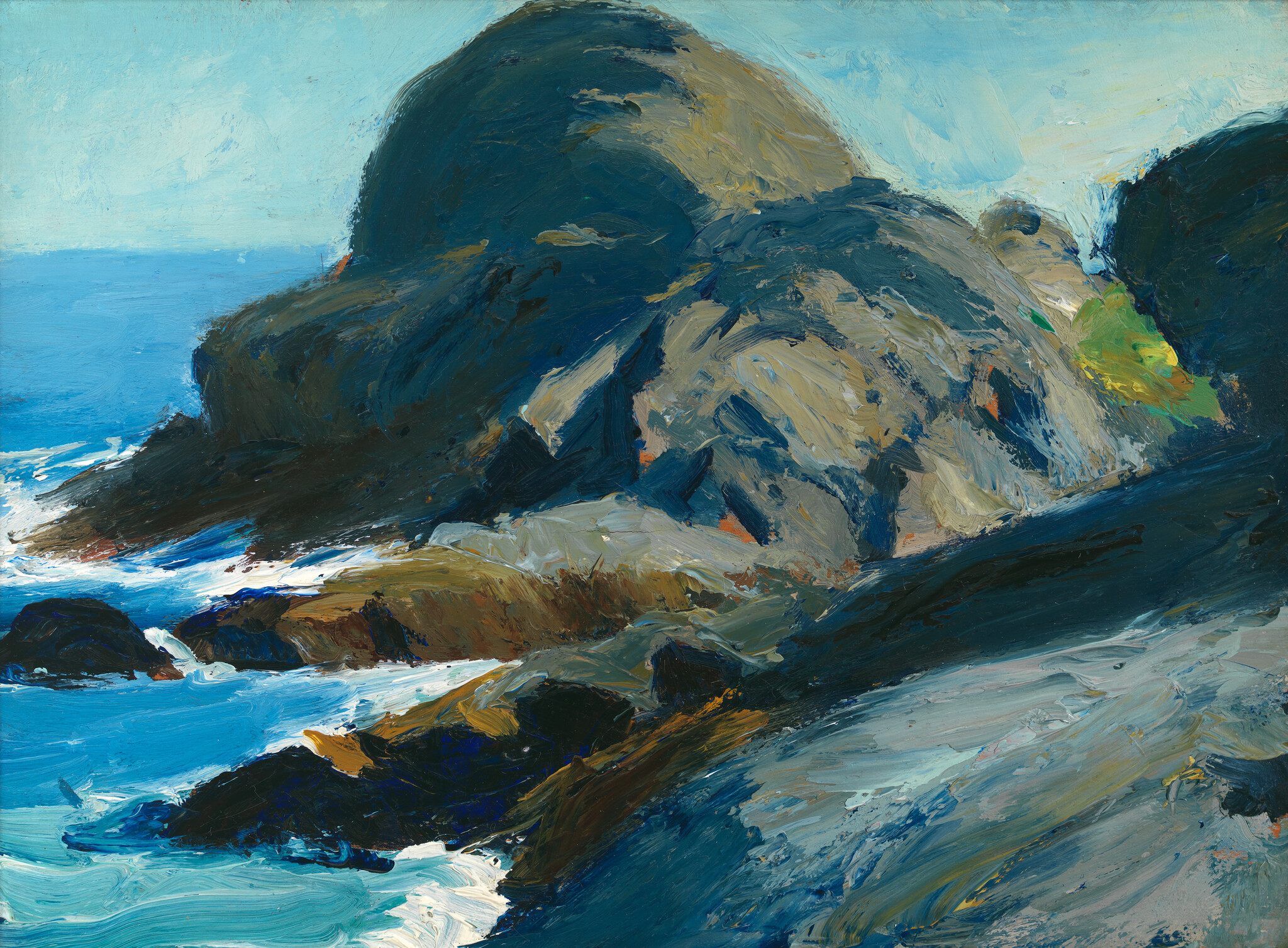 Impressionist-style painting depicting a rugged coastline with a prominent rocky outcrop against a backdrop of a calm blue sea and a light blue sky with wispy clouds. The brushstrokes are thick and expressive, conveying the texture of the rocks and the movement of the waves crashing against the shore.