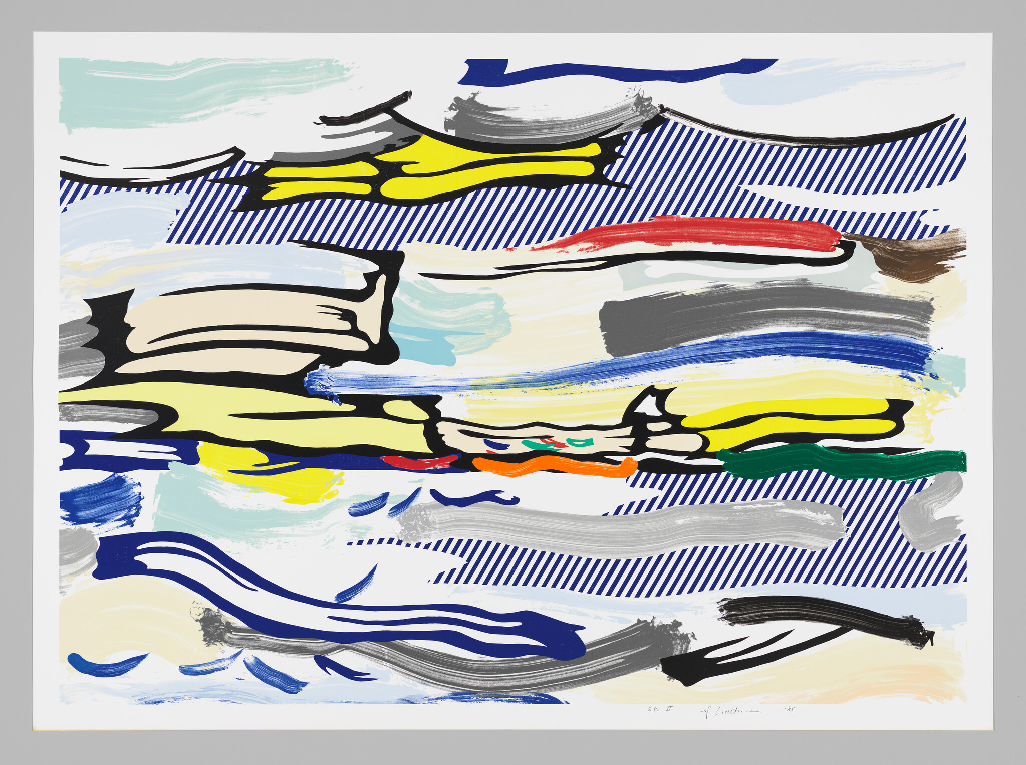 Abstract painting with bold colorful brushstrokes, blue diagonal stripes, and layered shapes.