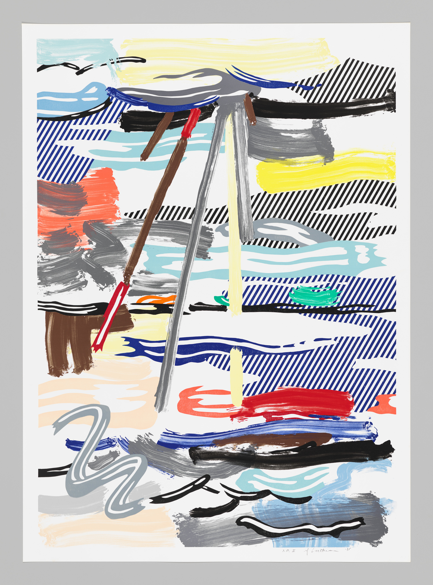 Abstract painting with a variety of brushstrokes in multiple colors such as blue, red, yellow, and black on a white background, featuring a prominent gray tripod-like figure in the center.