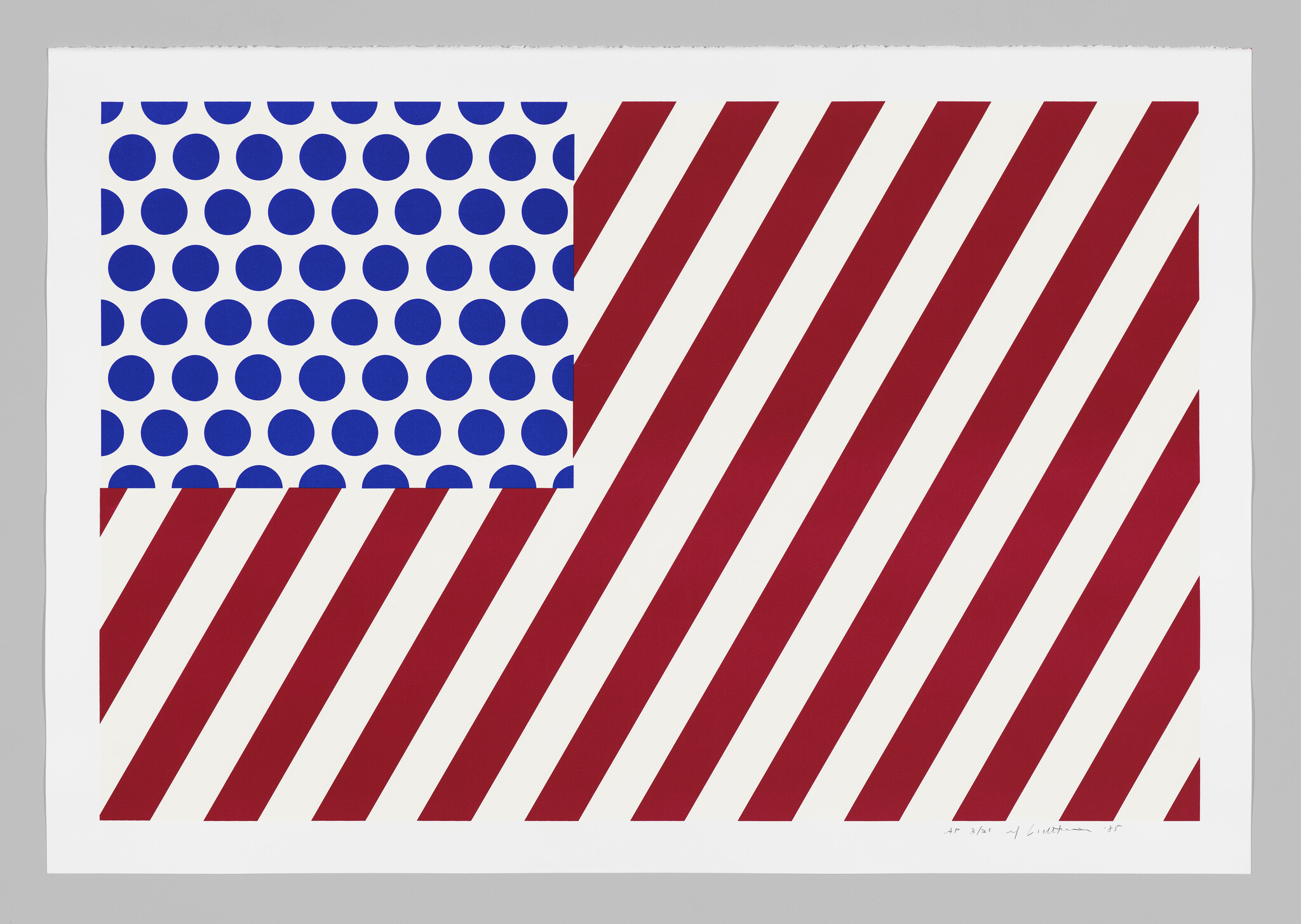 Stylized American flag with blue polka-dot canton and red diagonal stripes across a white field.