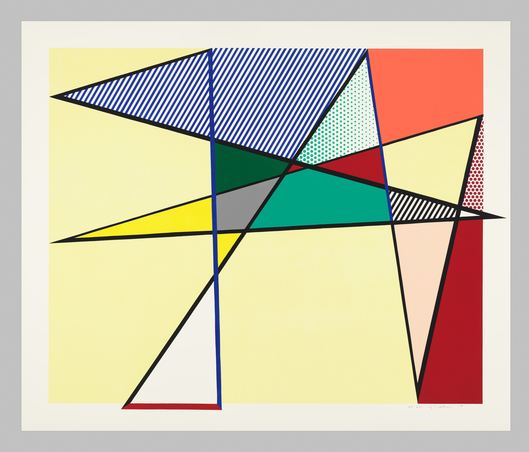 A modern abstract geometric artwork featuring a composition of various shapes and colors, including triangles and polygons in red, blue, yellow, and green, with some areas filled with patterns of stripes and dots. The image has a light yellow background and is bordered by a white margin.