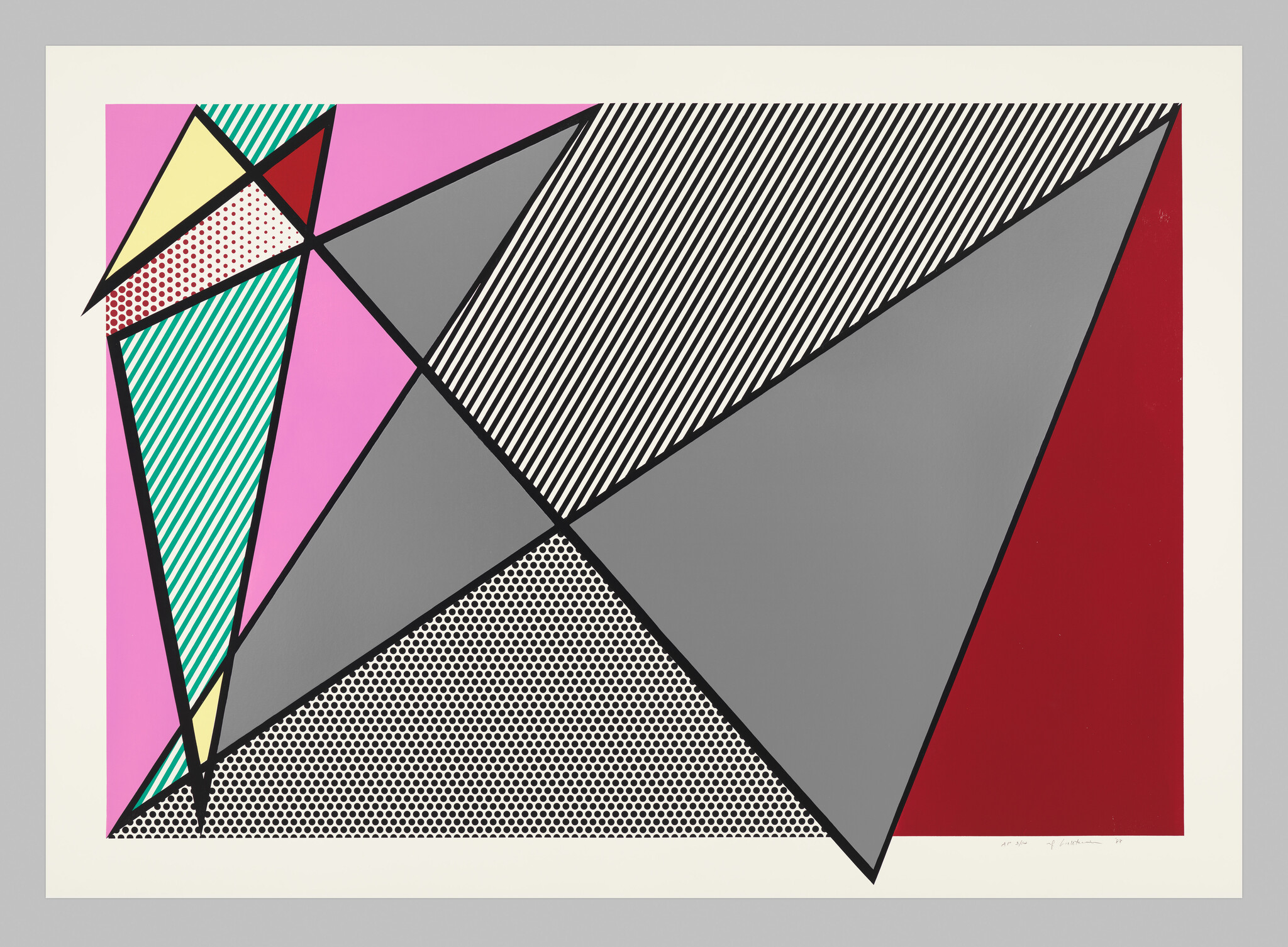 Colorful geometric artwork with overlapping striped and dotted triangles creating sharp angular shapes.
