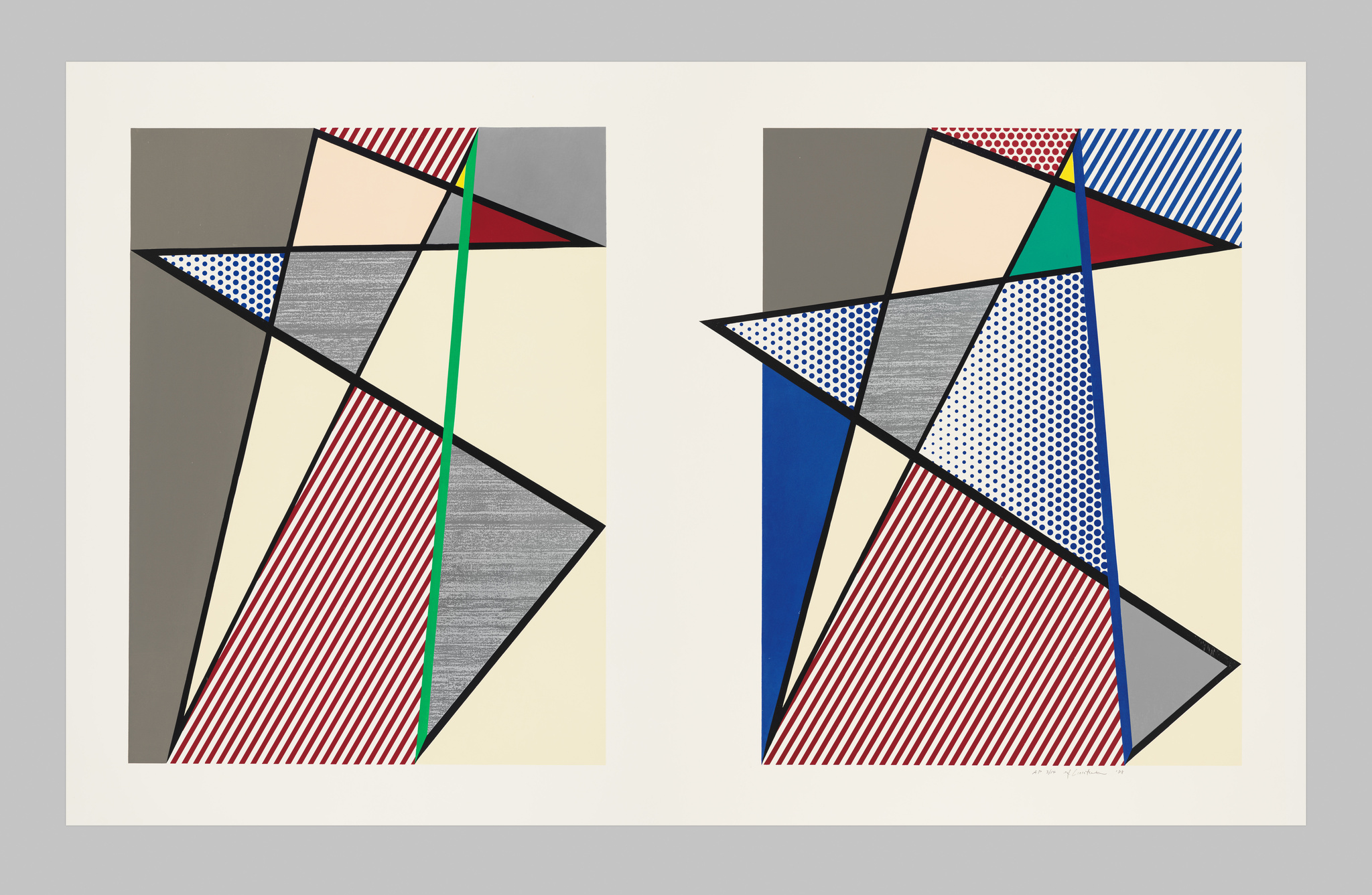 A modern abstract artwork featuring two panels with a series of geometric shapes in various patterns and colors, including red and blue stripes, blue and black polka dots, and solid colors, all sharply delineated by black lines on a cream background.