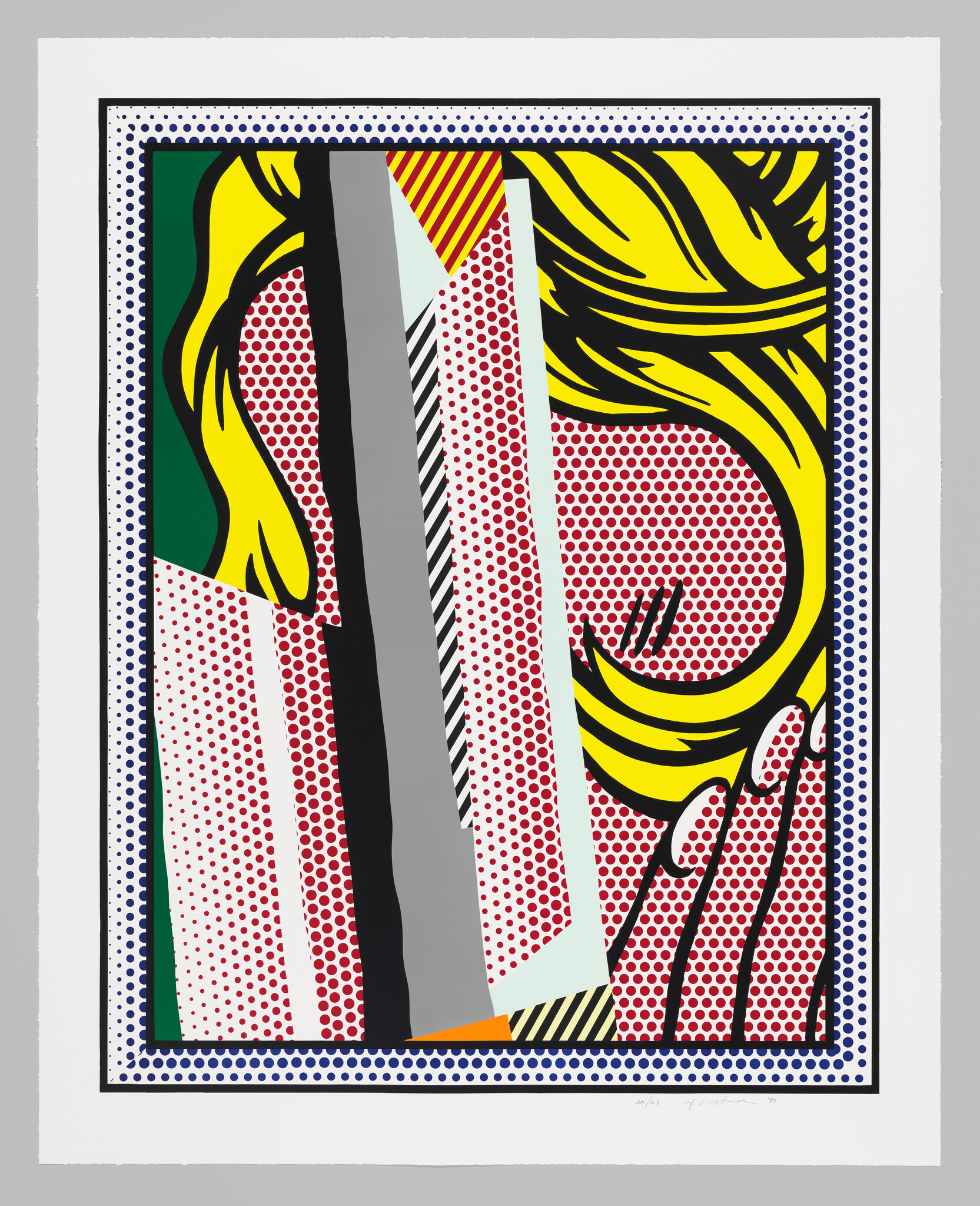 Woman with yellow hair hides her face behind vertical striped panels in a pop art style.