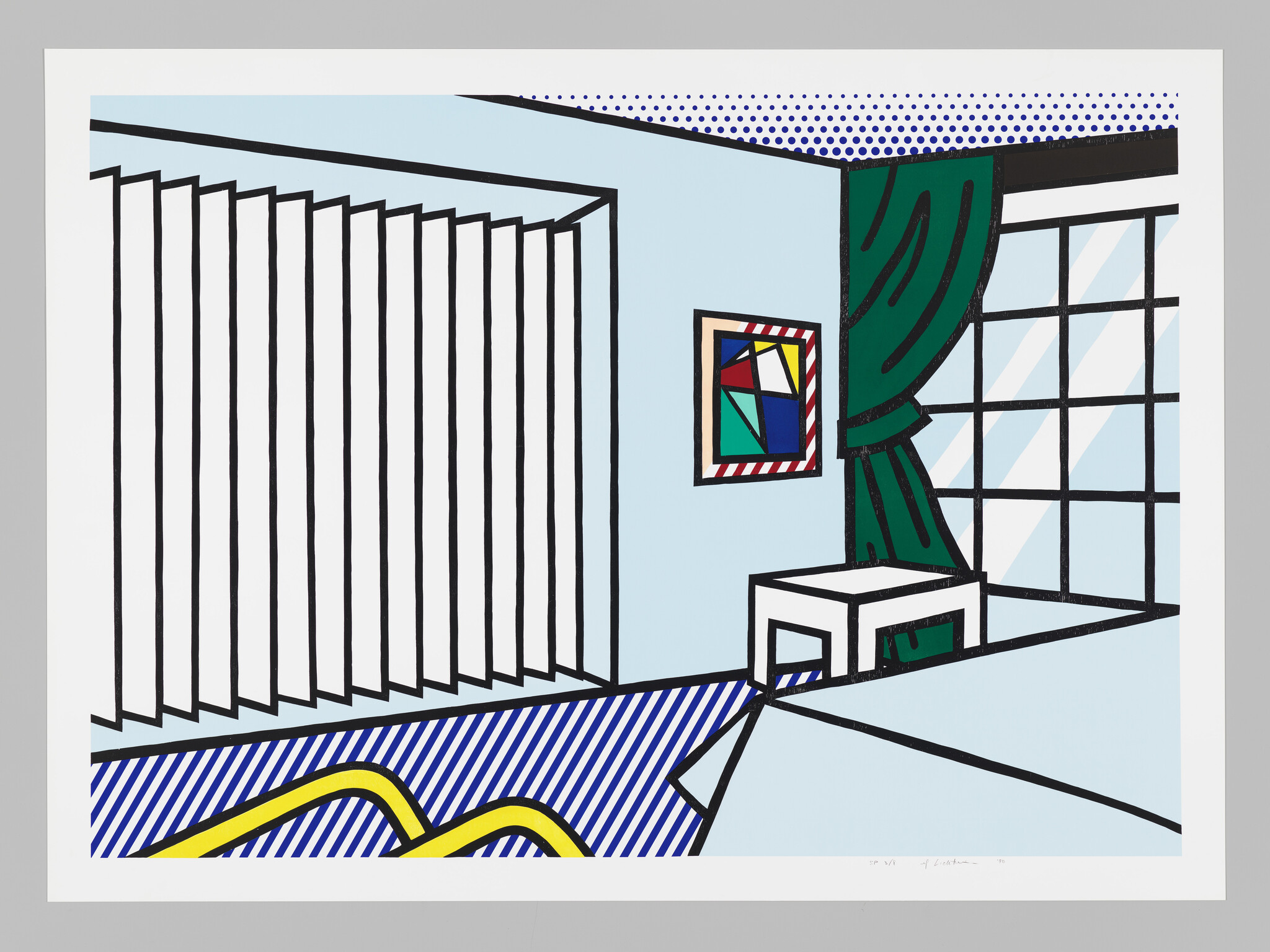 A colorful pop-art room with vertical blinds, green curtain, window, small table, and striped floor.