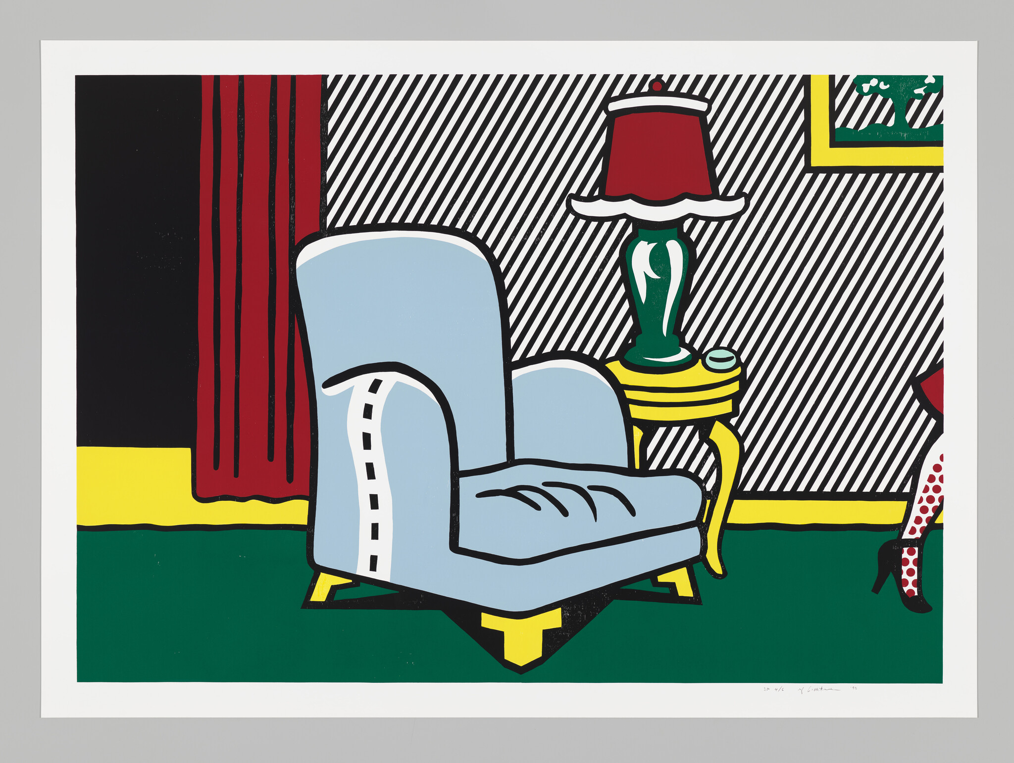 A light blue armchair sits beside a yellow table with a green lamp against striped wallpaper.