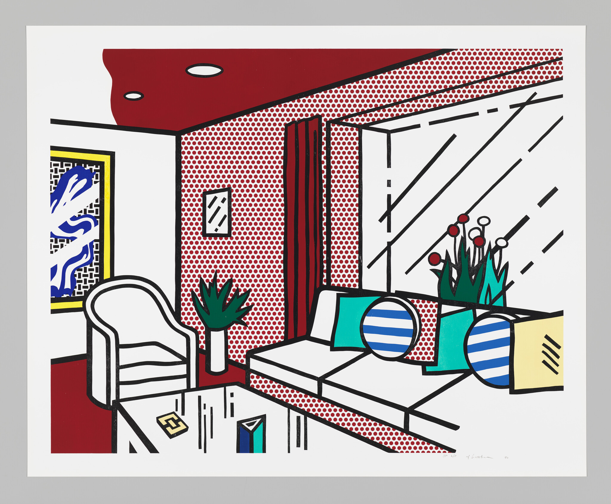 Bright pop-art living room with red dotted wall, striped cushions, armchair, and window plants.