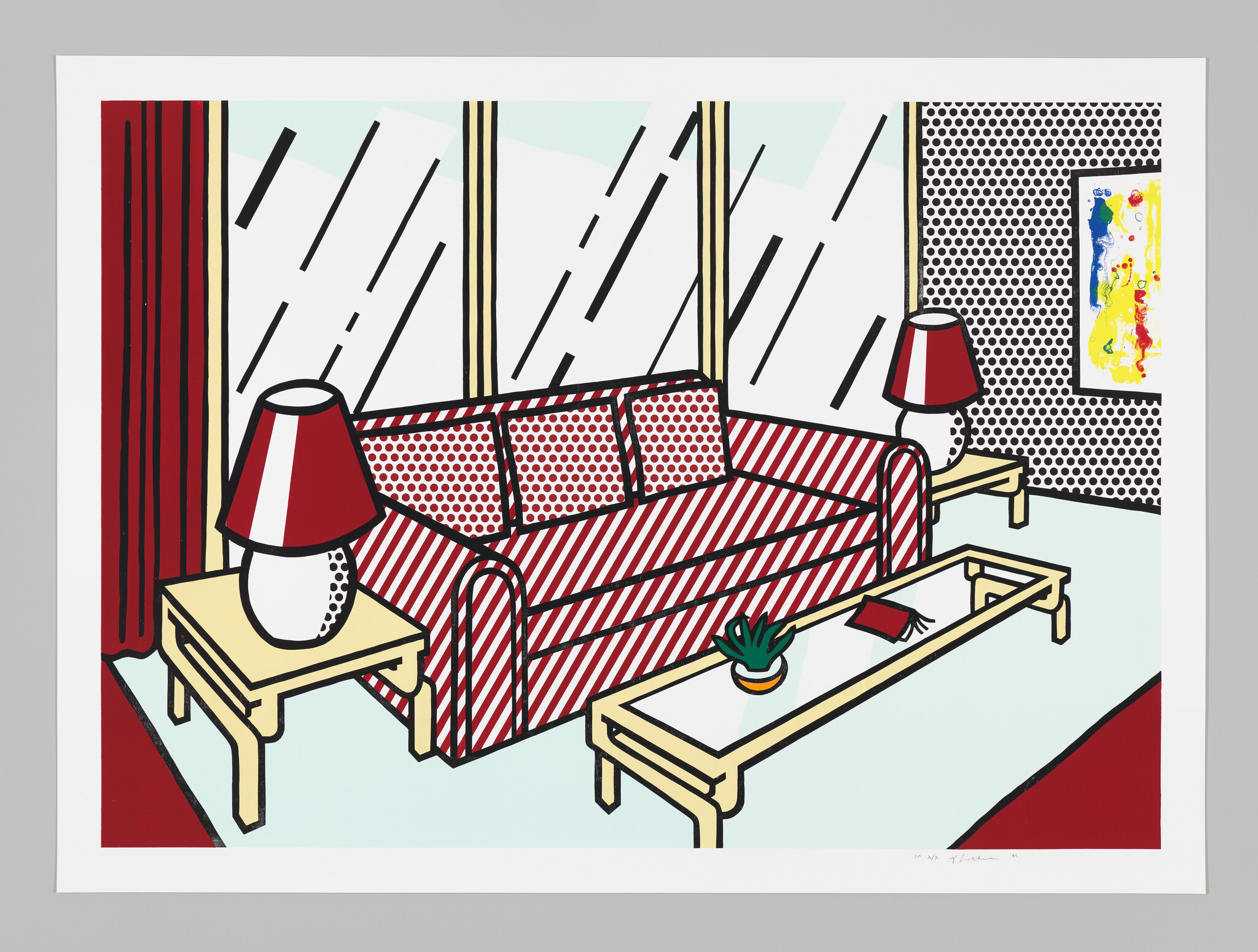 A stylized graphic print of a living room with a red and white patterned couch, two matching lamps on end tables, a coffee table with a small plant and book, against a backdrop of a large window with curtains and a polka-dotted wall with an abstract painting. The artwork has a bold, cartoon-like aesthetic with thick black outlines and a limited color palette.