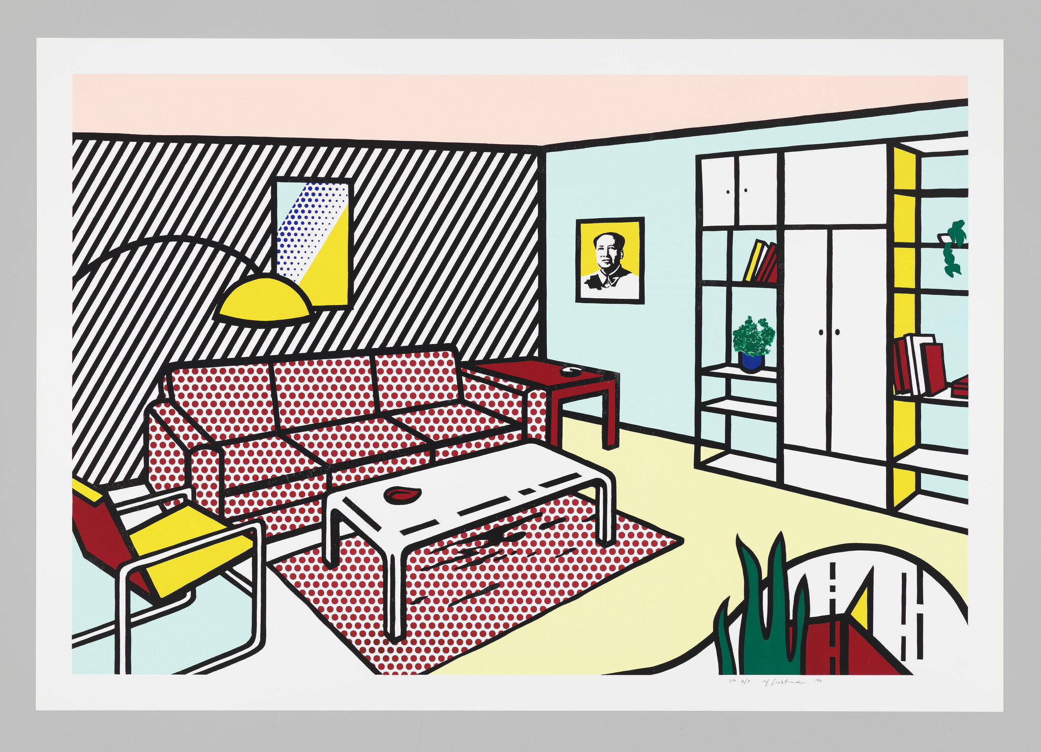 A colorful pop-art living room shows a red polka-dot sofa, striped wall, lamp, and bookshelf.