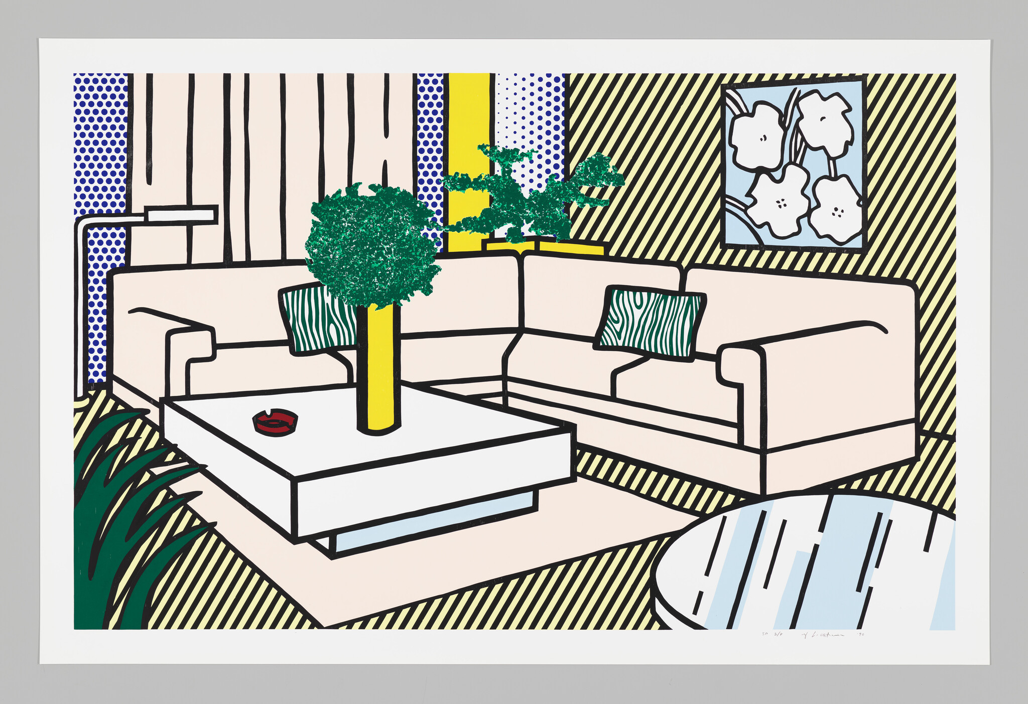 Bright pop-art living room with L-shaped sofa, low coffee table, and a central yellow vase tree.
