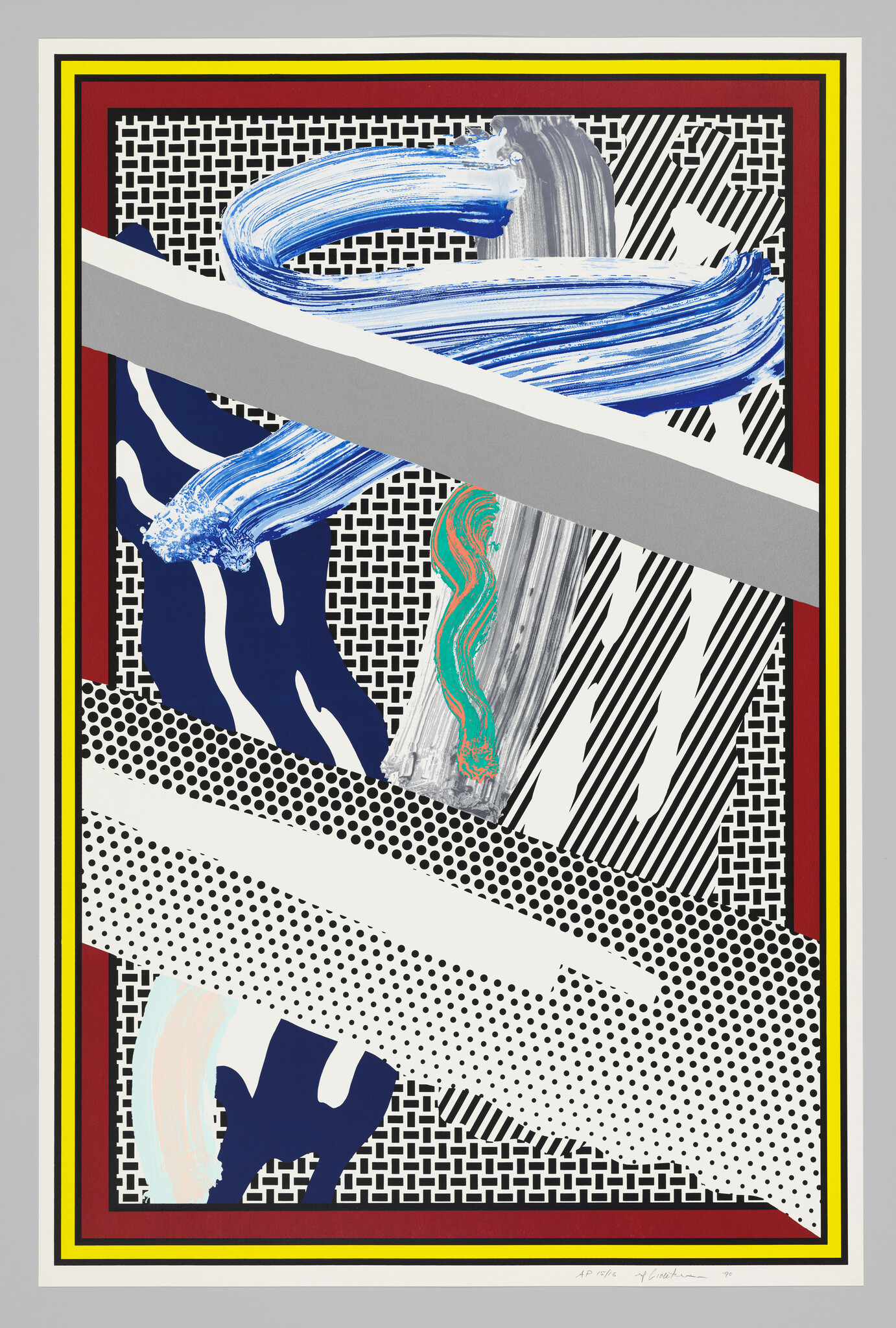 Abstract composition with bold blue and gray brushstrokes over black-and-white dotted and striped patterns.