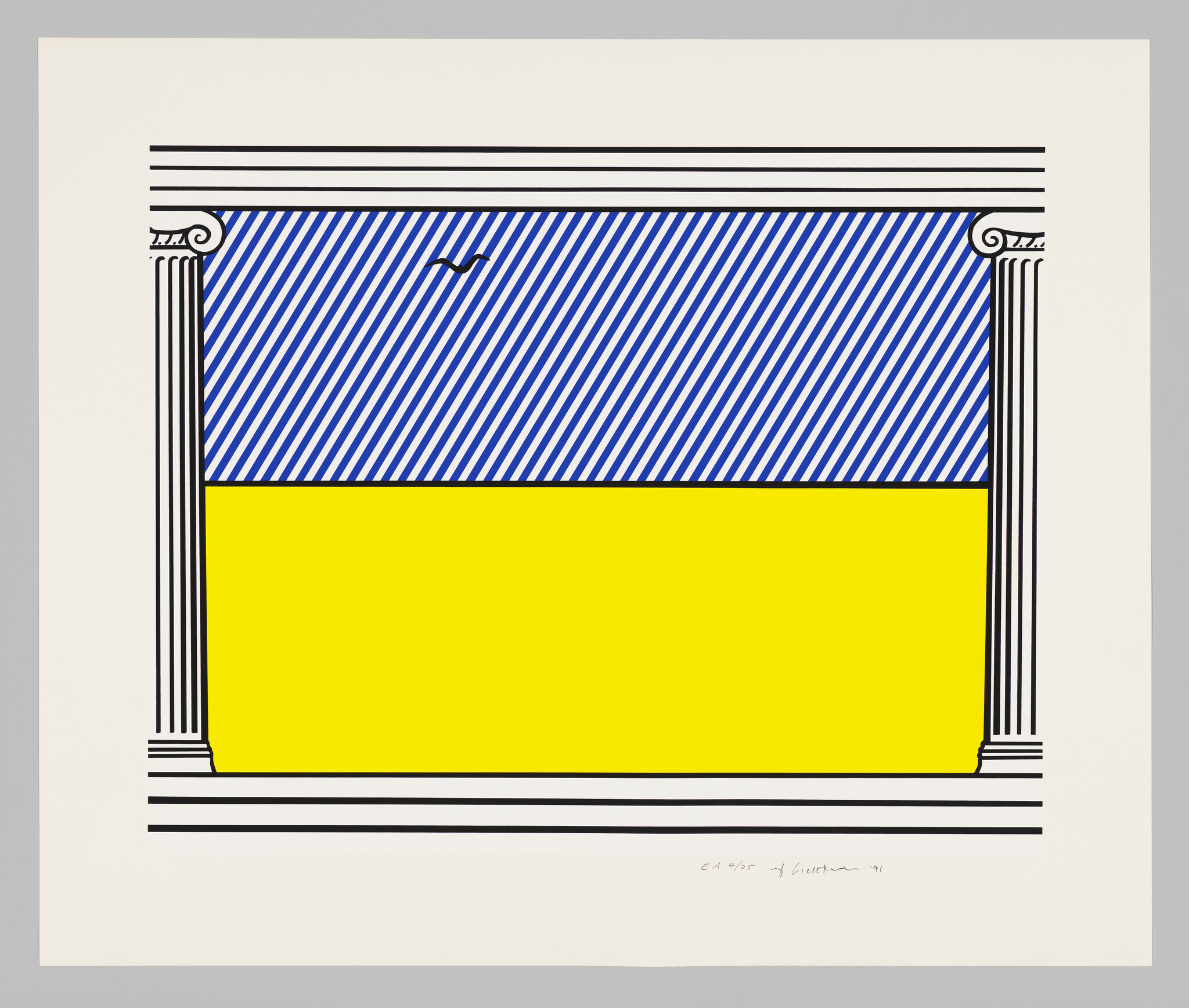 Two-panel graphic with blue diagonal-striped upper section and solid yellow lower section framed by black columns.