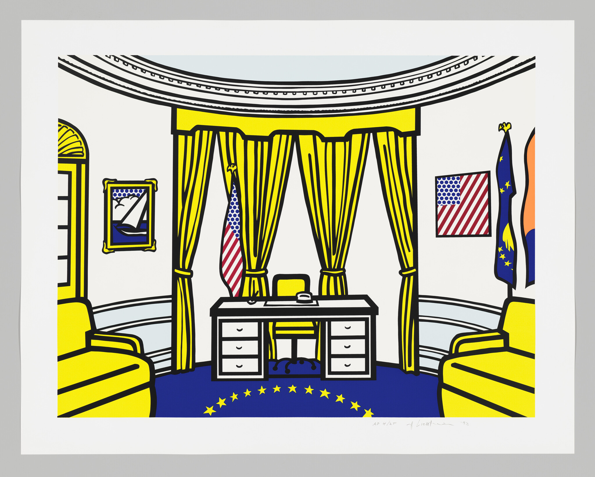 Oval Office desk centered beneath yellow drapes with American flag and blue carpet of stars.