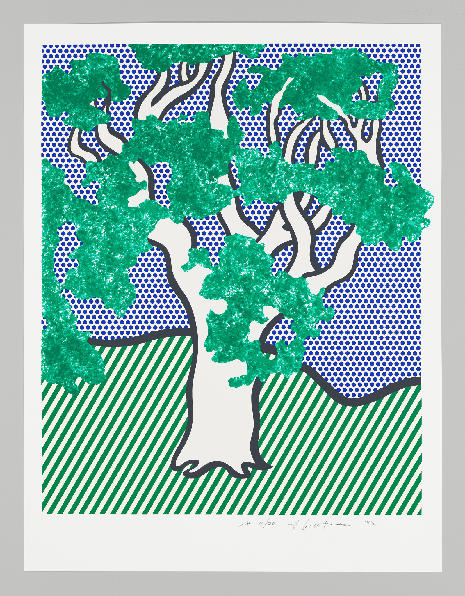 A stylized white tree with green leaves against a blue dotted sky and striped grass.
