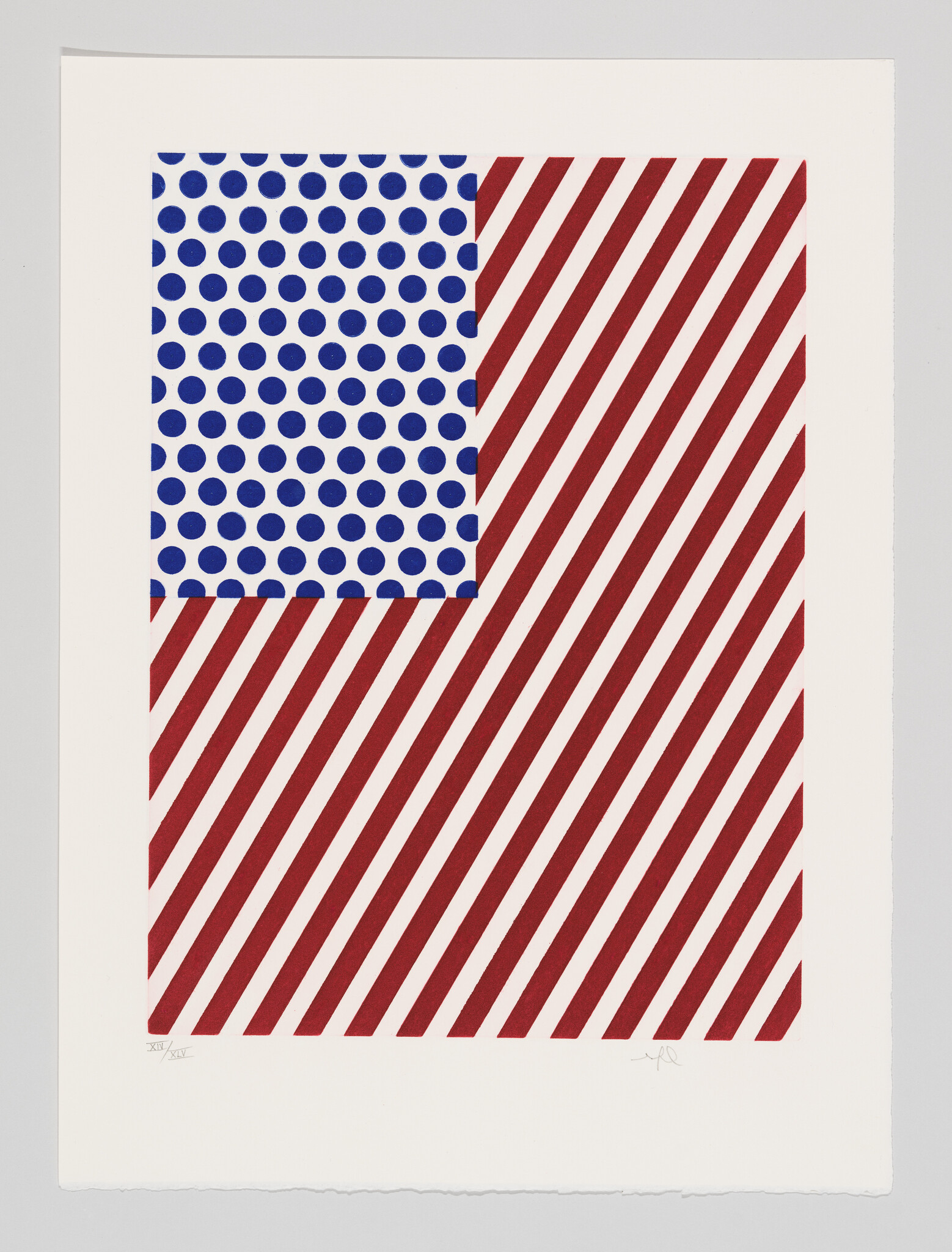 A rectangular print showing a blue polka-dot square over red diagonal stripes reminiscent of a stylized flag.