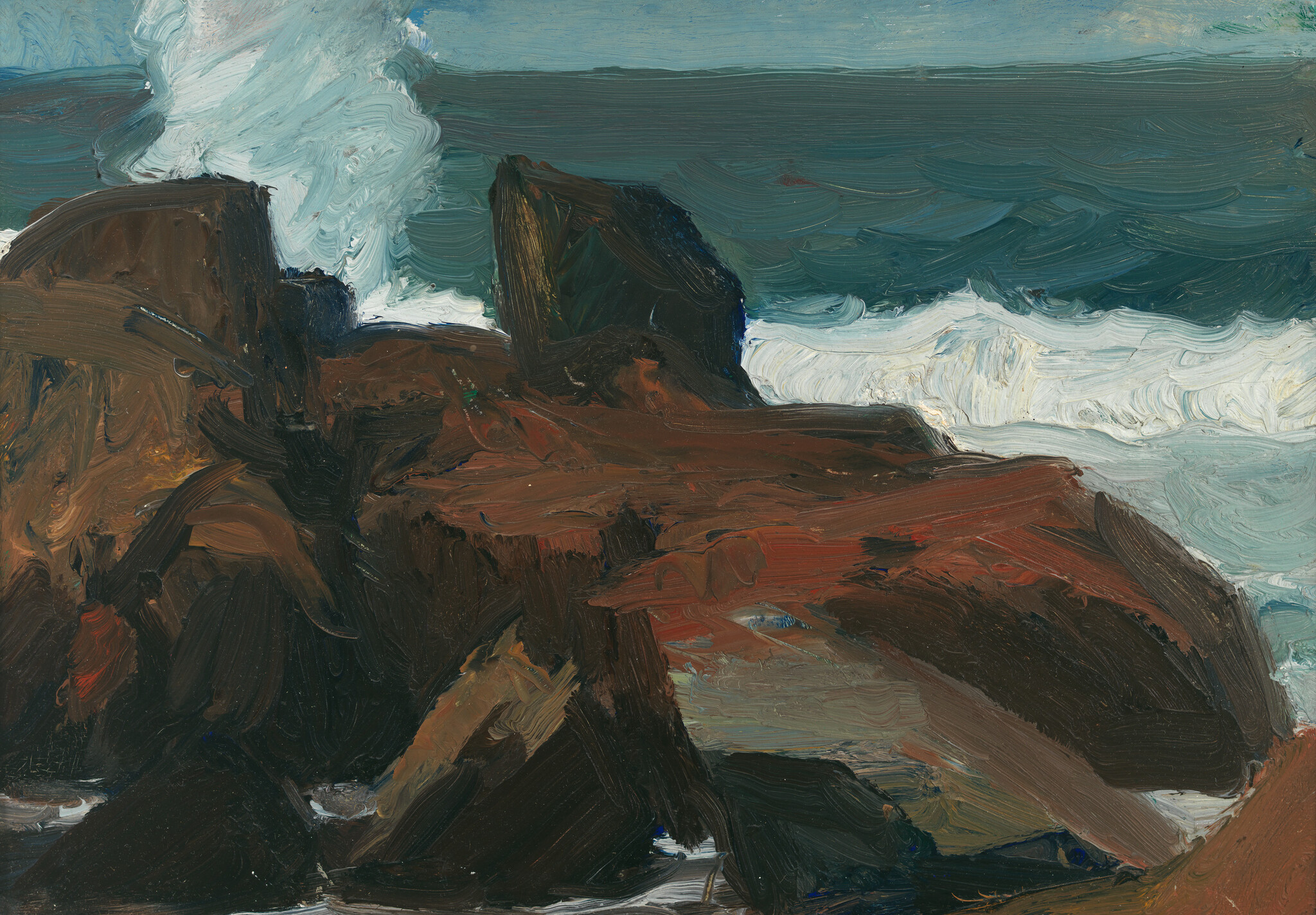 Dark rocky cliffs by a choppy sea with waves crashing against the rocks.