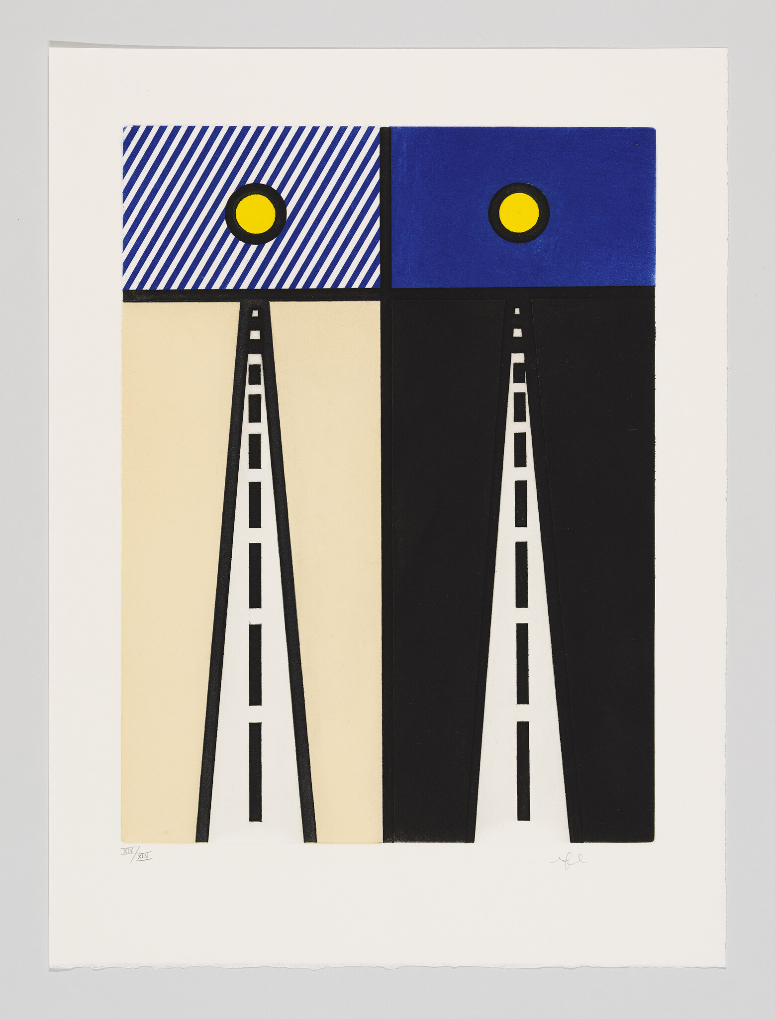 Two vertical road-like panels with dashed center lines beneath blue squares each containing a yellow circle.