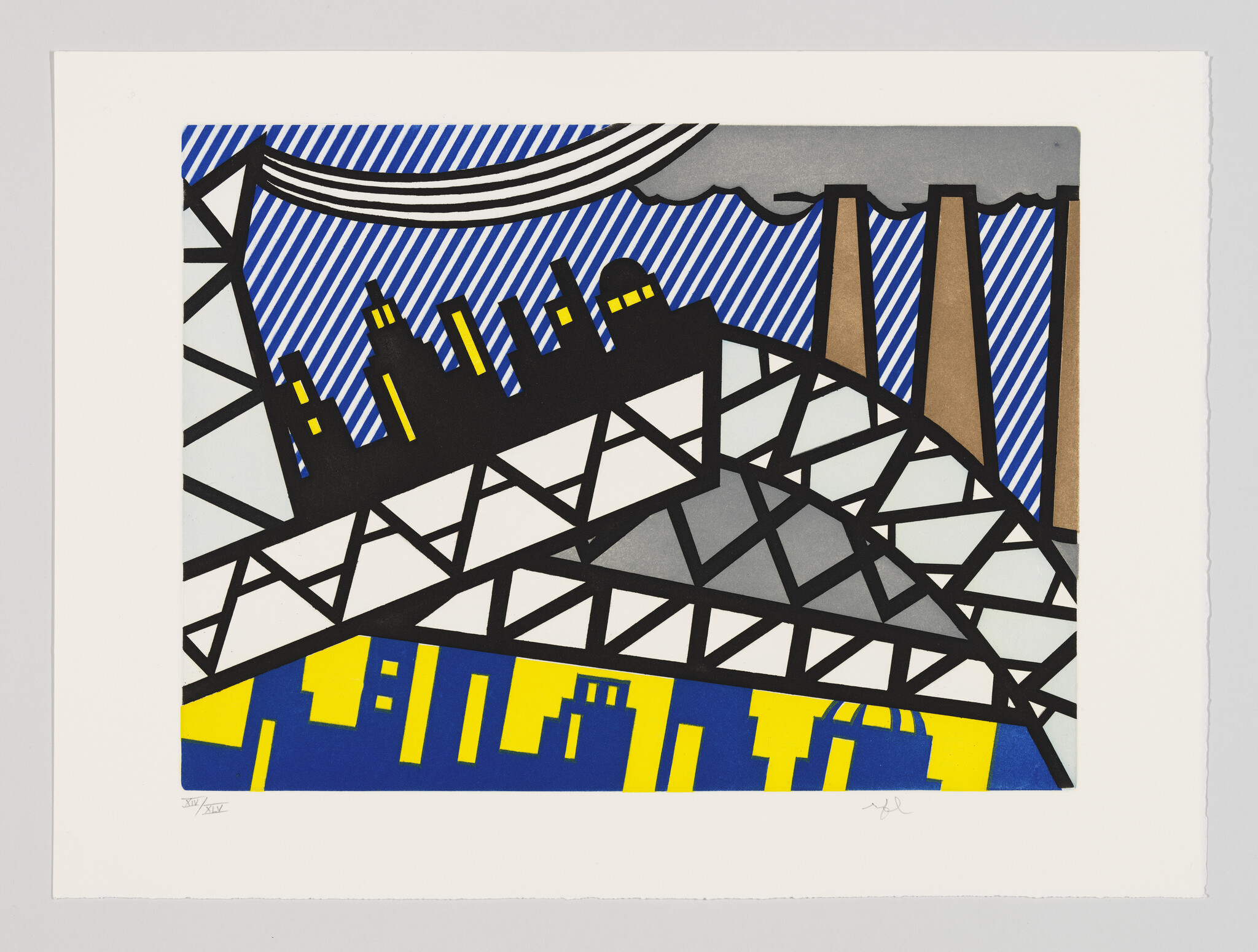 A bold graphic cityscape shows a lattice bridge crossing in front of a skyline and smokestacks.