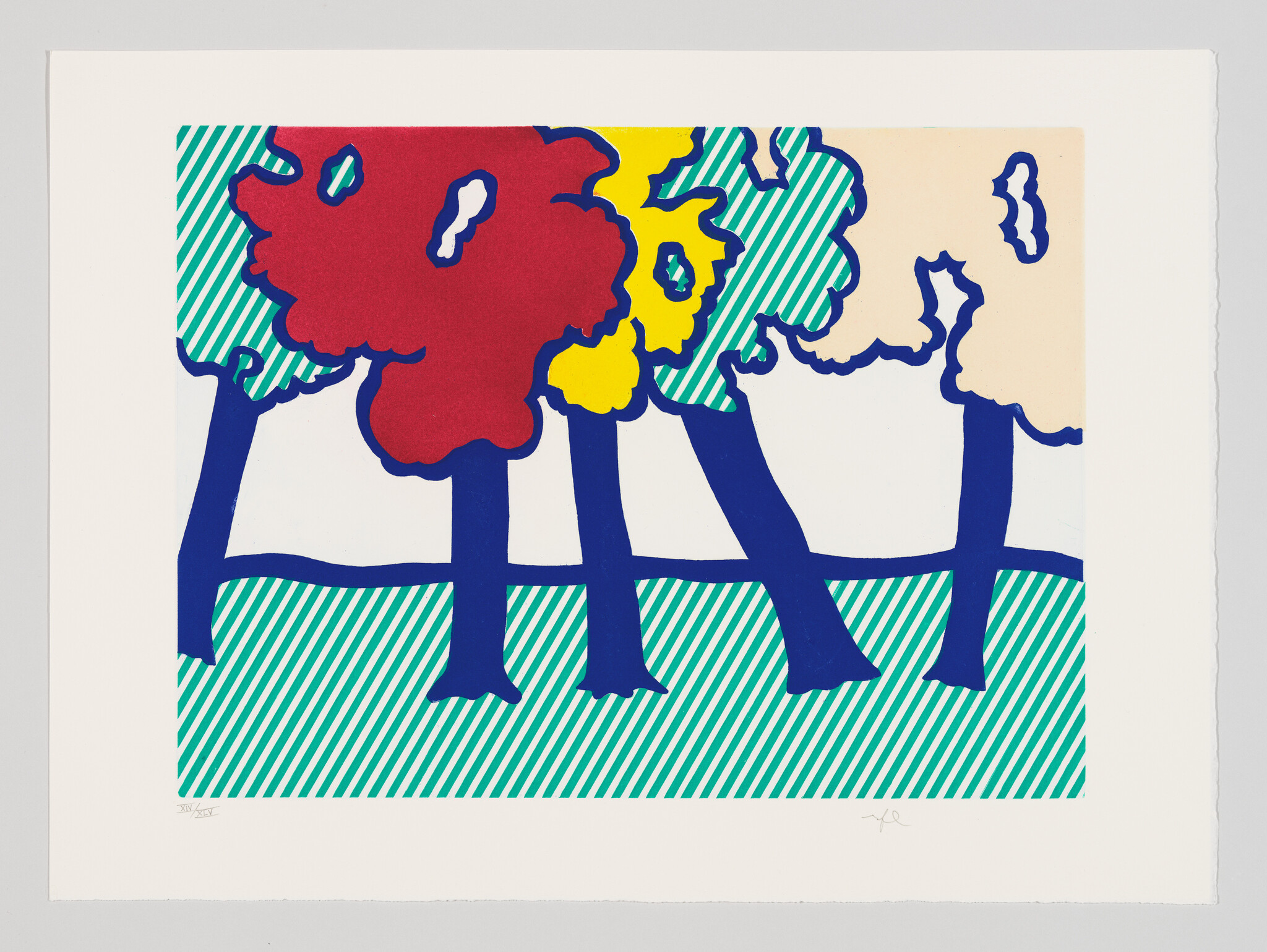 Five stylized trees with bold blue trunks stand over a diagonally striped green field.