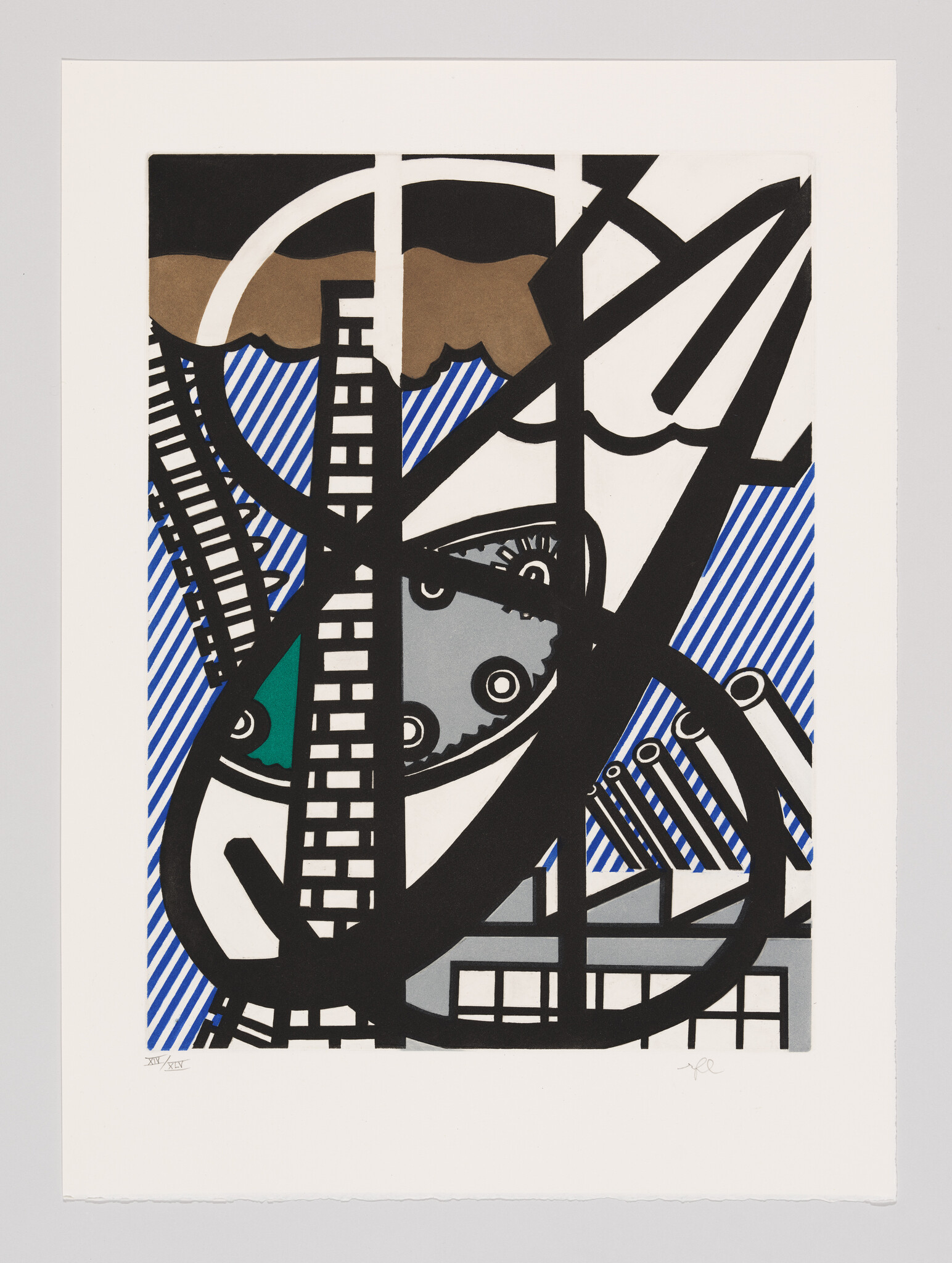 Bold abstract machinery and ladders overlap with blue diagonal stripes and circular gears.