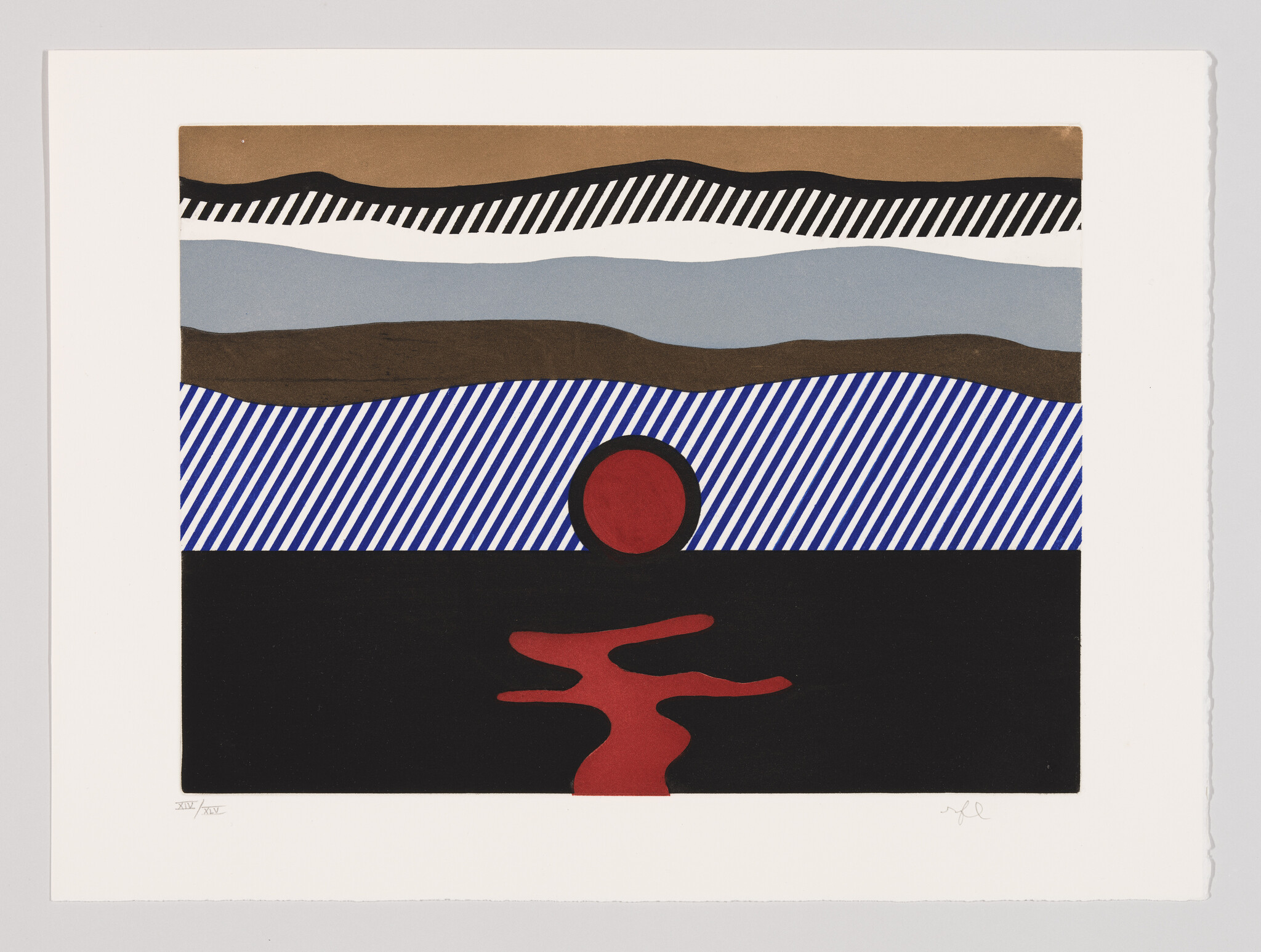 Abstract composition with layered horizontal bands, a red circle above a red reflection in a black area.