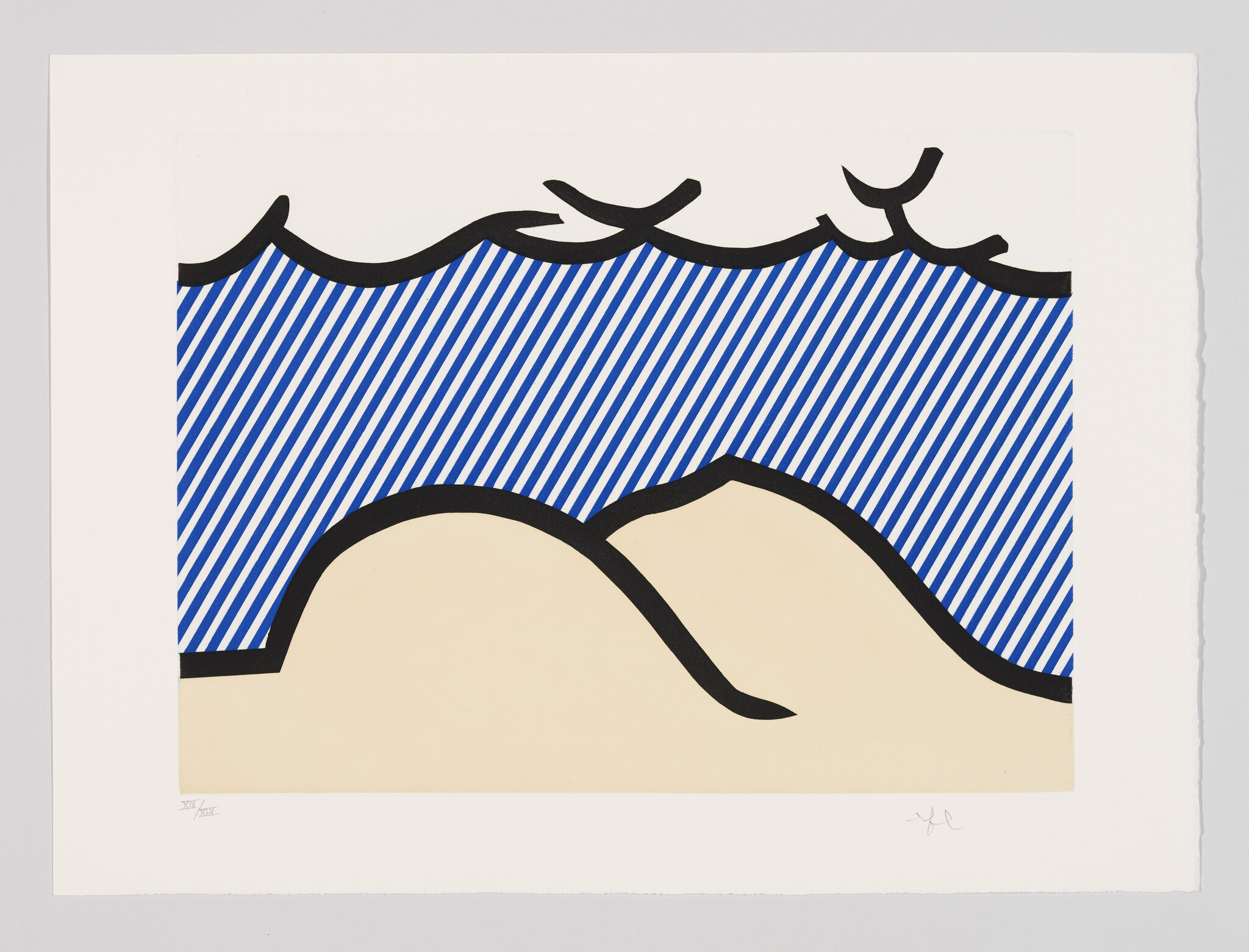 Stylized beach with blue diagonal-striped water, black wave outlines, and two beige sand dunes.