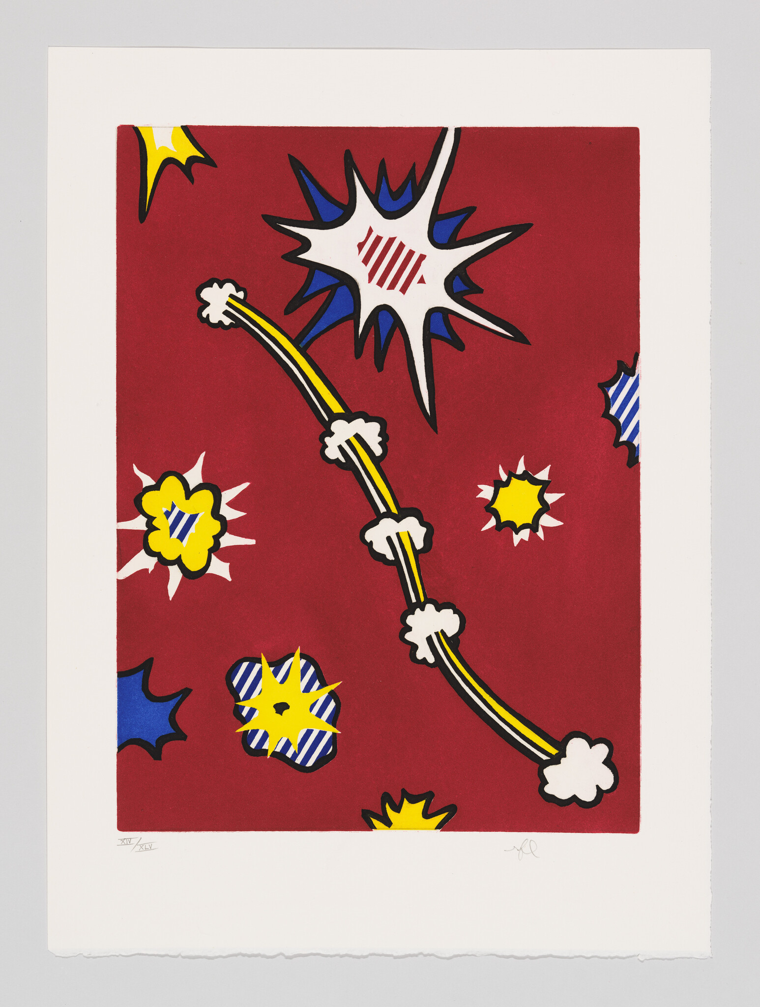 Bold comic-style explosions and a curved yellow rocket trail cross a deep red background.