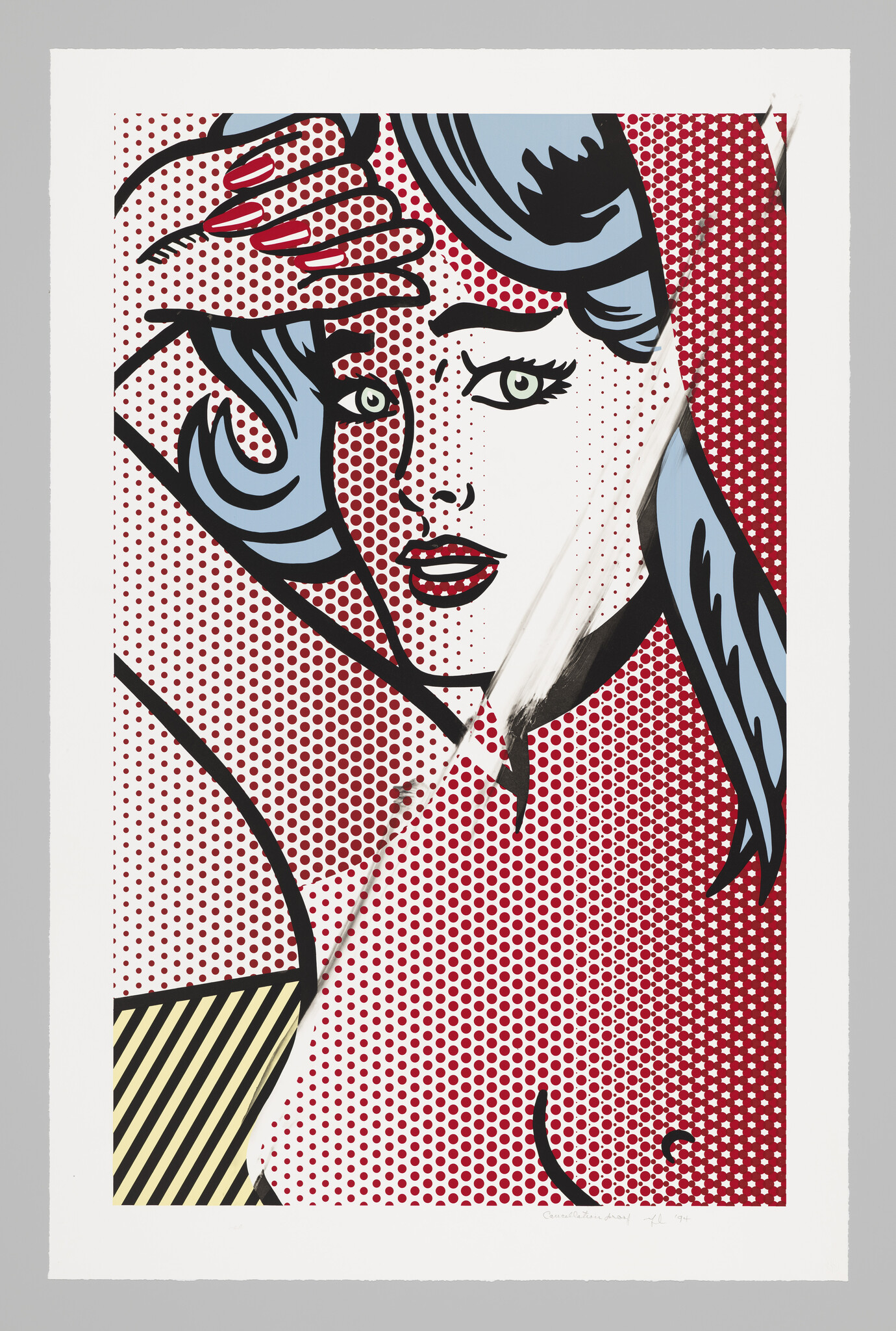 A pop-art woman with blue hair shields her eyes with a hand across her forehead.