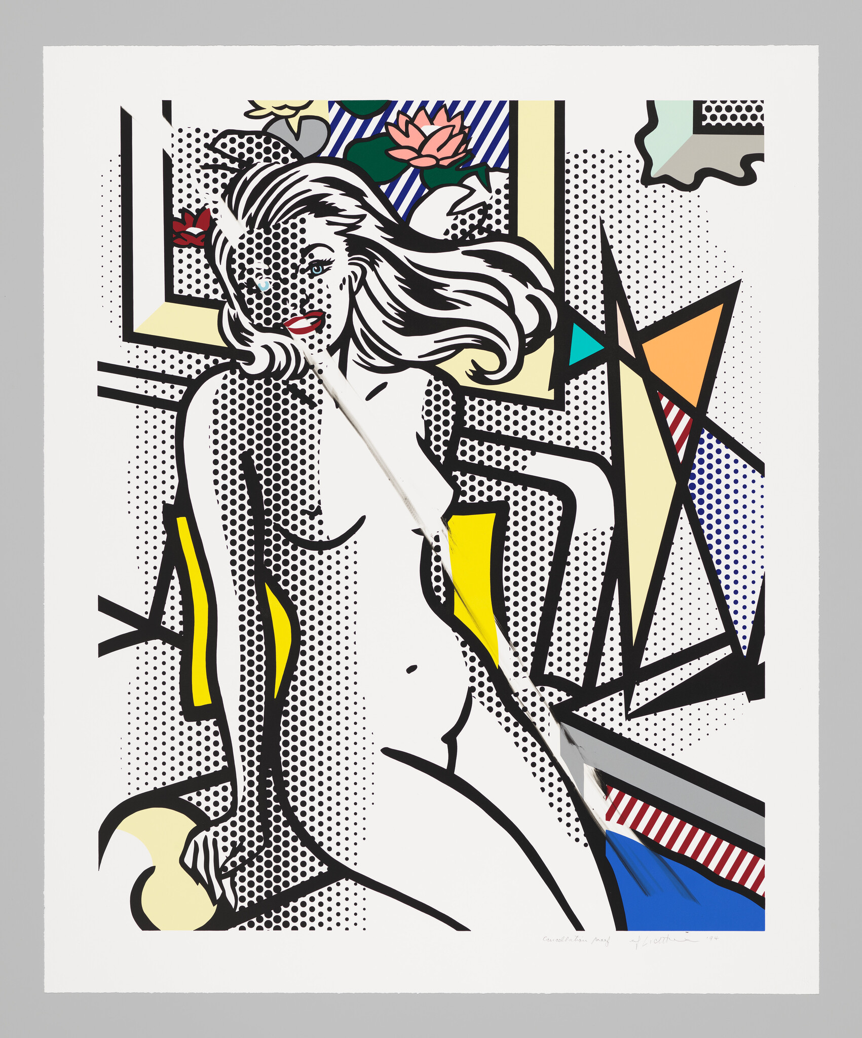 A seated nude woman rendered in pop-art dots and bold black outlines with colorful geometric shapes.