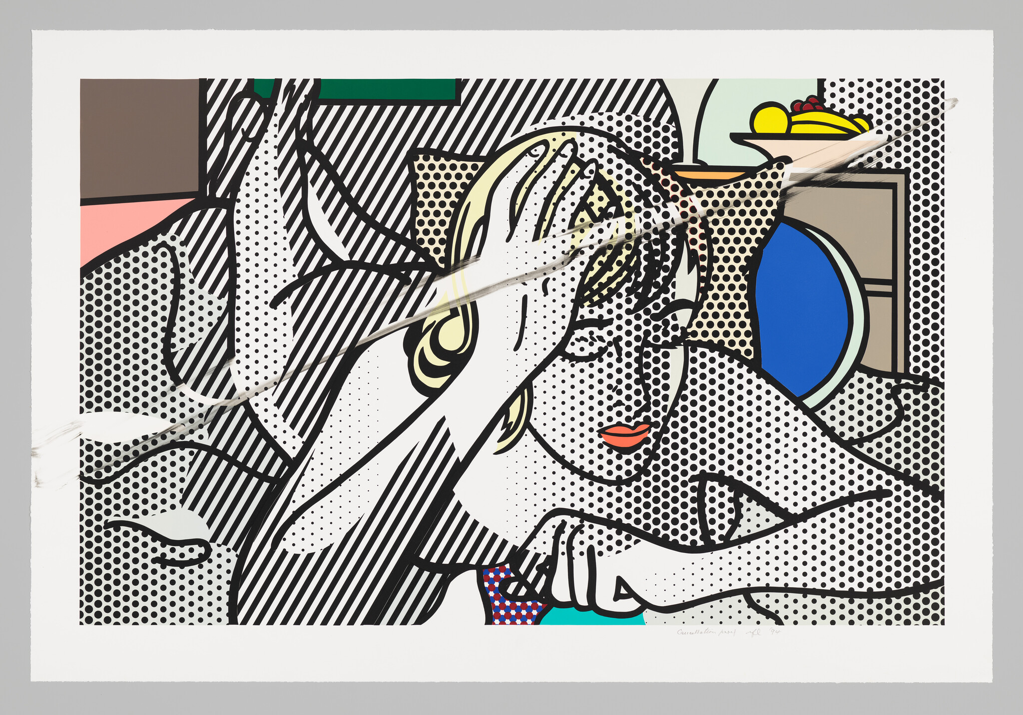 A stylized woman rests her head in her hand with a worried expression.