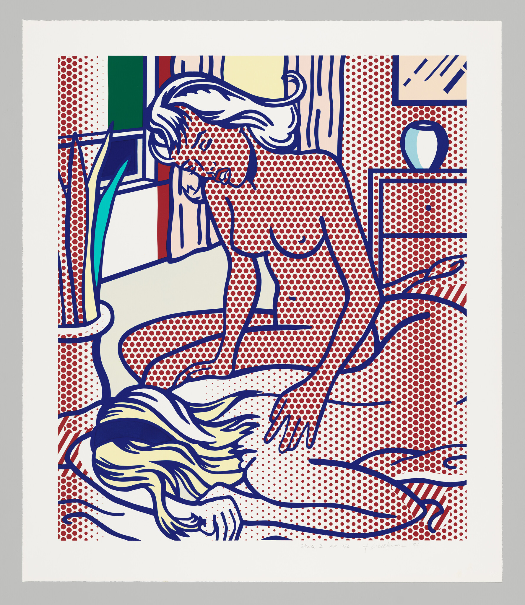 Nude woman sits on a bed beside another woman lying face down, in pop-art dots.