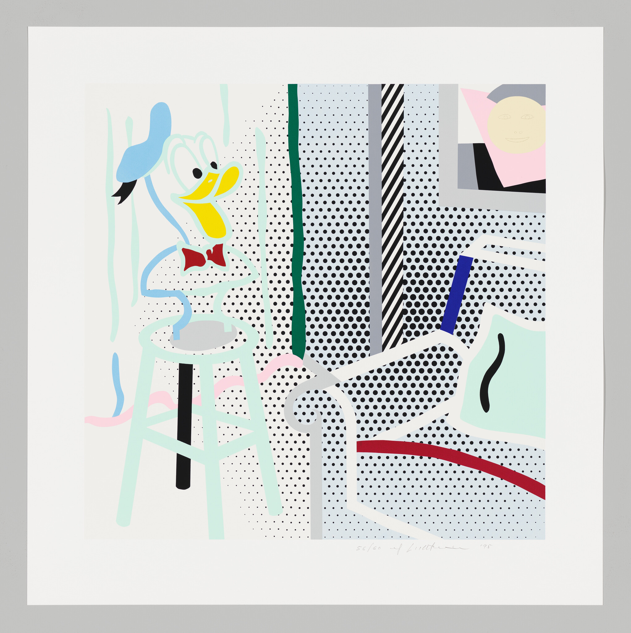 A colorful pop-art room scene with a cartoon duck wearing a red bow tie sitting on a stool.