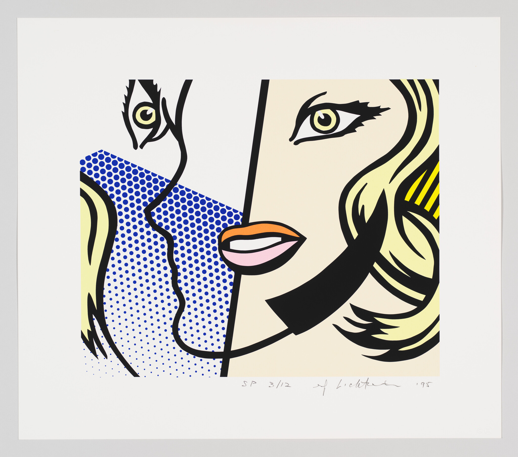 A pop-art split composition showing a stylized woman's face with dotted blue background.