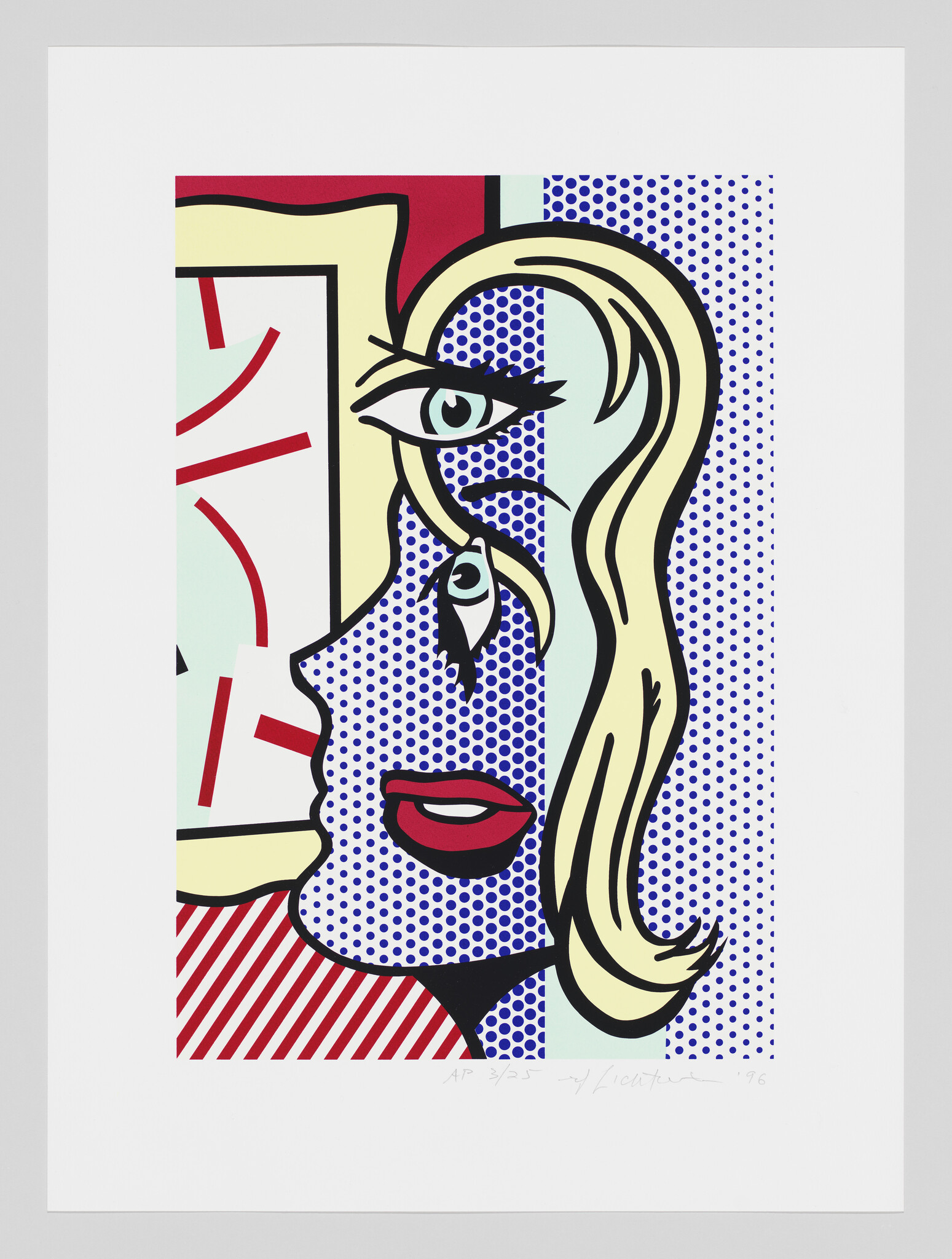A stylized blonde woman in pop-art halftone dots looking left with red lips.