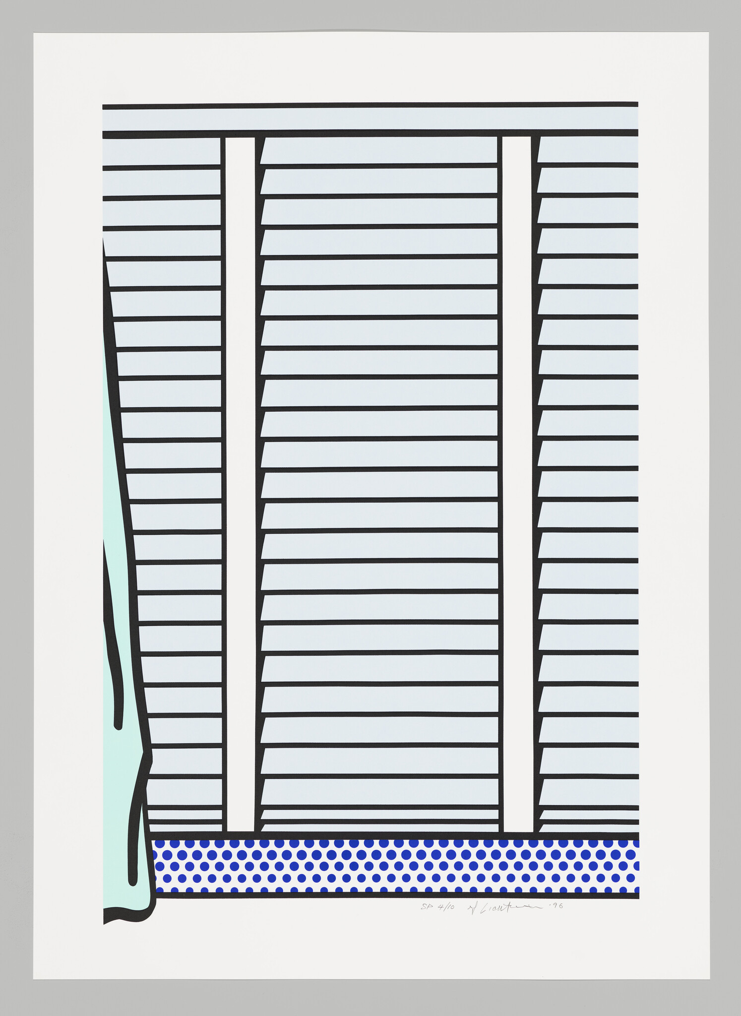 Closed window blinds with horizontal slats, a pale green curtain at left, and blue polka-dot trim below.