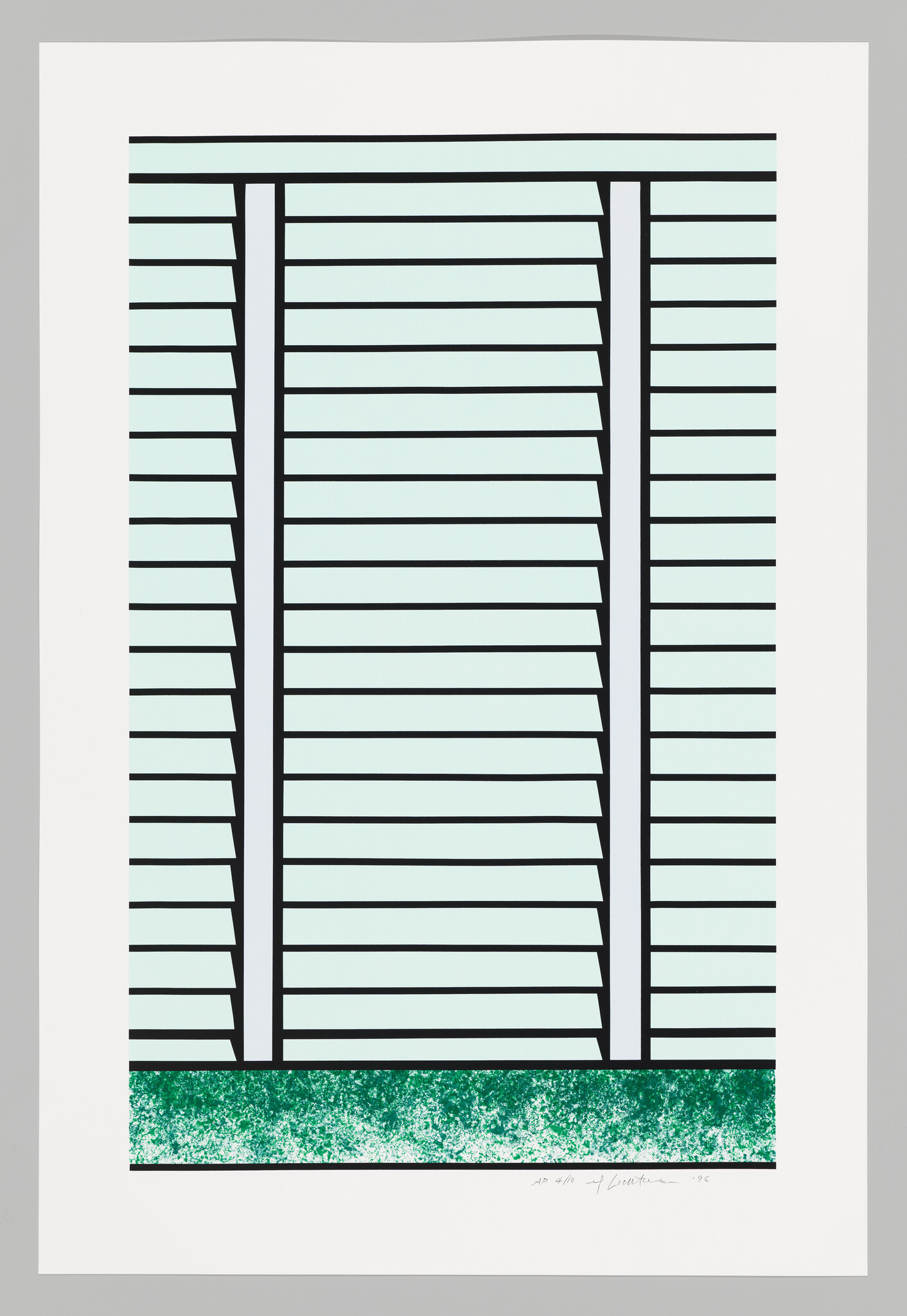 Vertical blind-like panel with black horizontal slats and a textured green strip along the bottom.