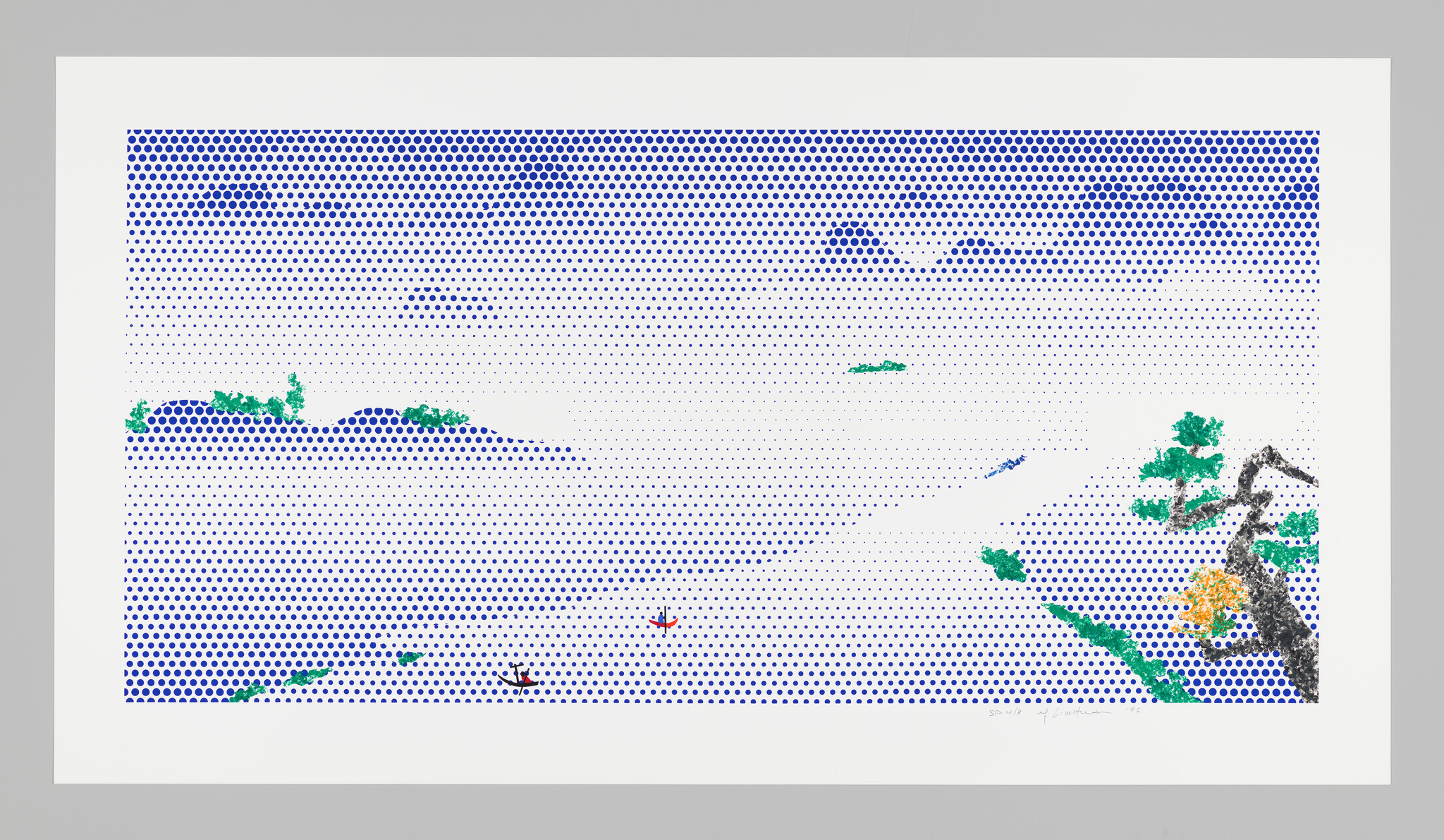 Blue dotted seascape with distant green islands and two small boats near a tree-covered shore.