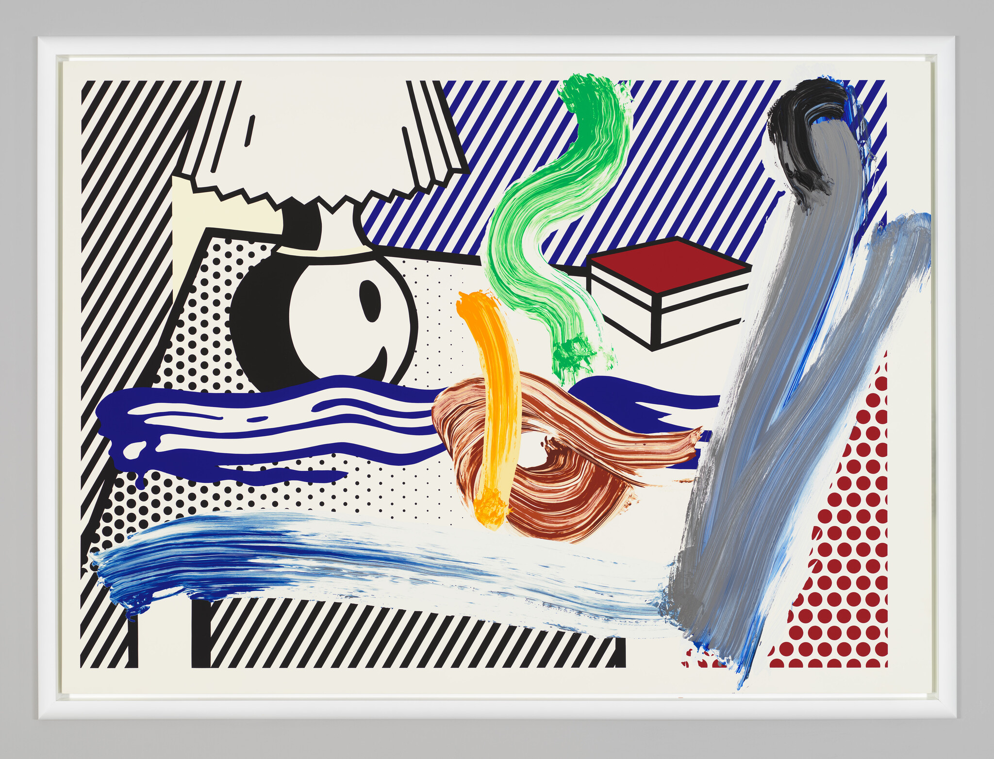 Comic-style graphic with a large cartoon eye overlain by bold multicolored paint strokes.