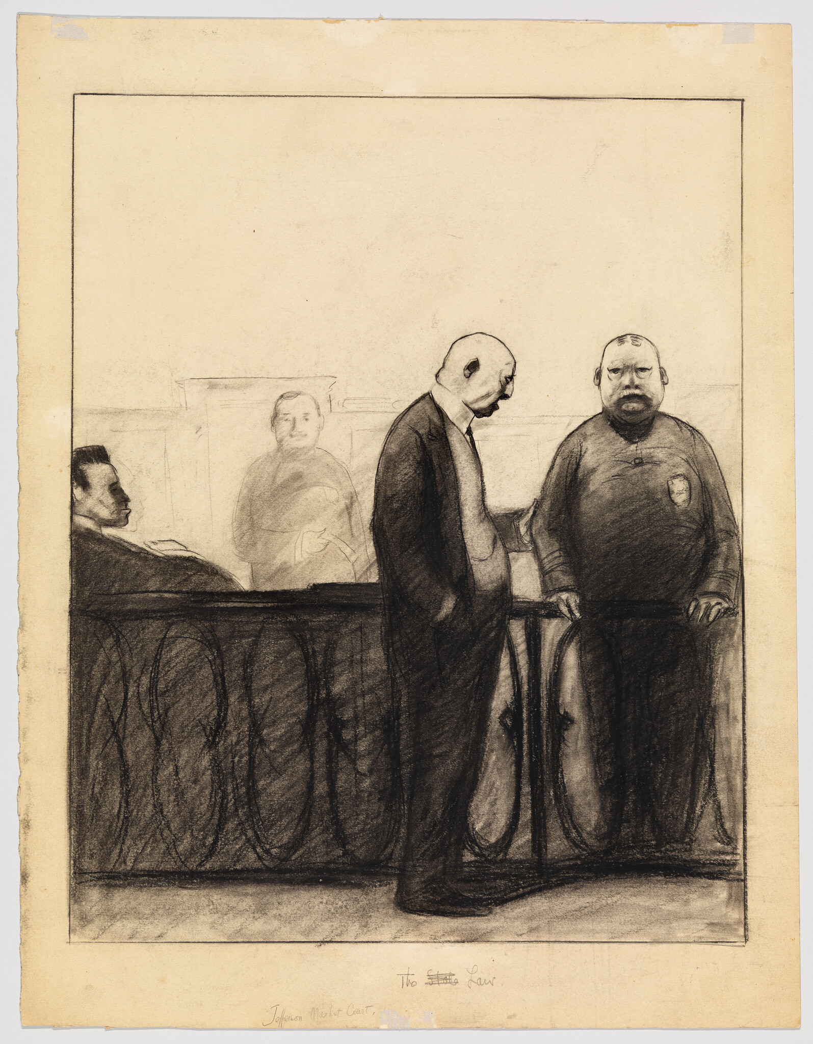 A solemn man in a suit stands at the courtroom railing beside a stern uniformed officer.