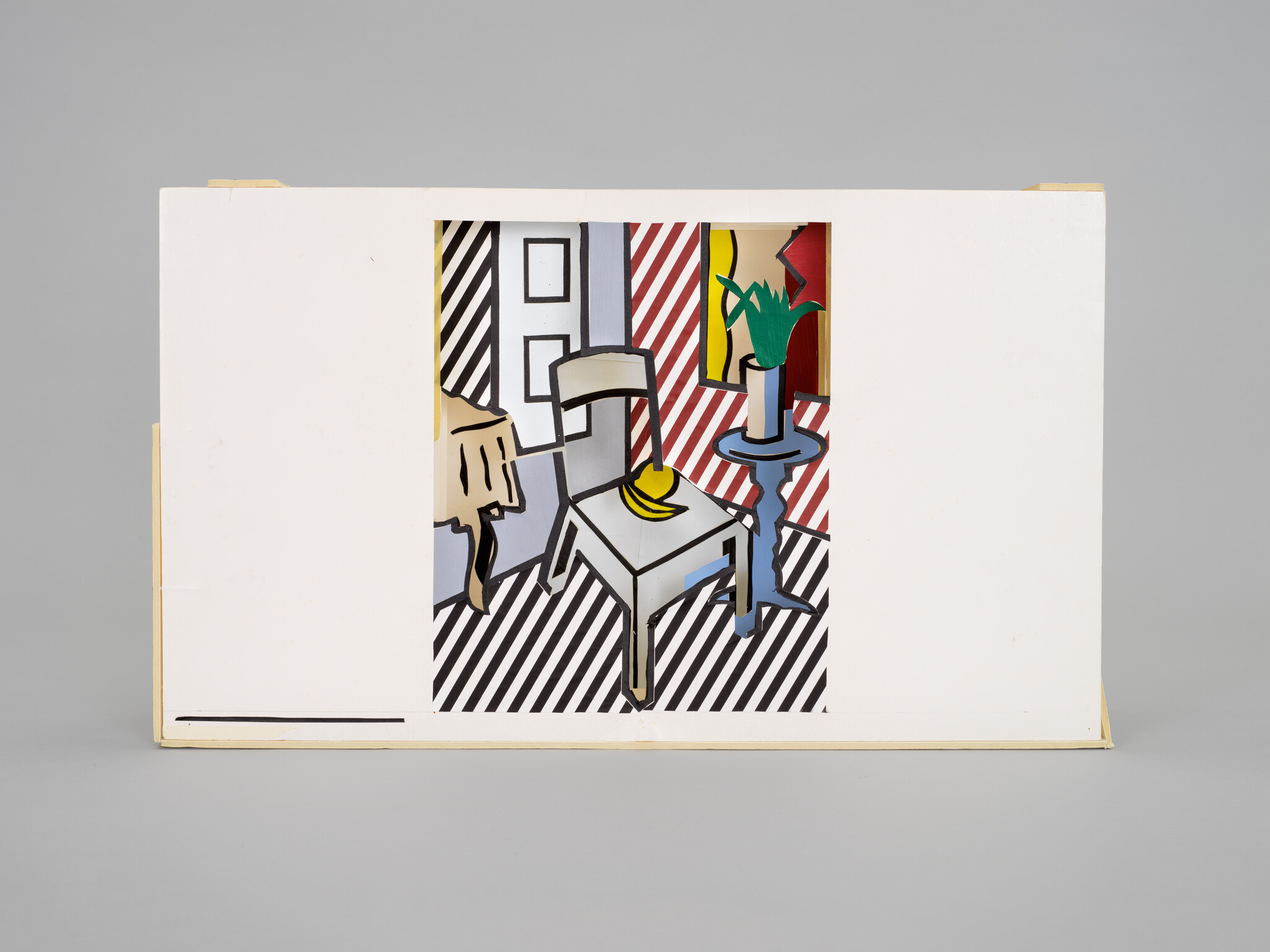 A colorful pop-art room scene showing a chair, small table with banana, and vase on pedestal.