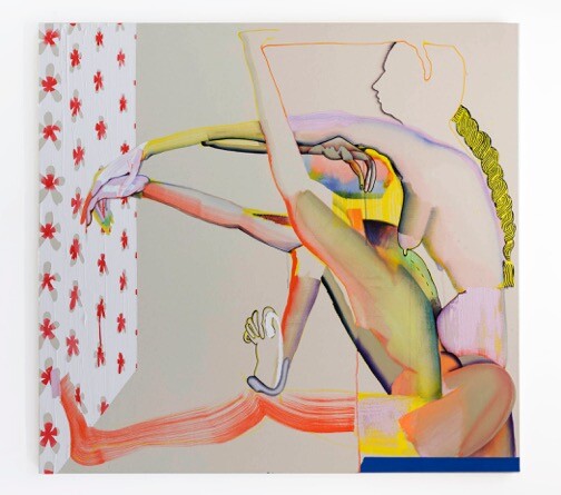 Loosely painted, colorful silhouettes of nude figures' interlocking limbs as they float against a sparse background and face a free-standing, flower print wall.