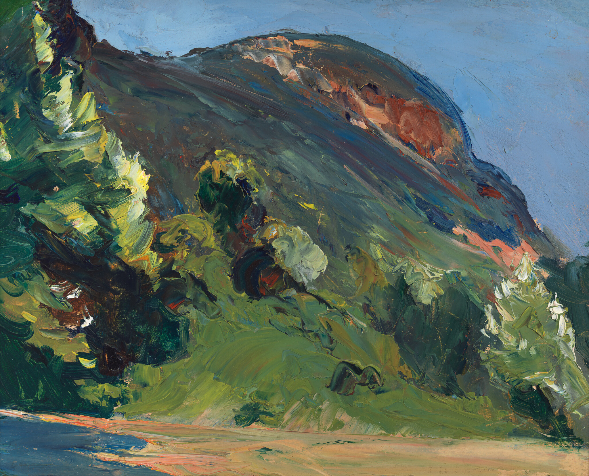 A vibrant painted hillside with thick green trees and a pale blue sky.
