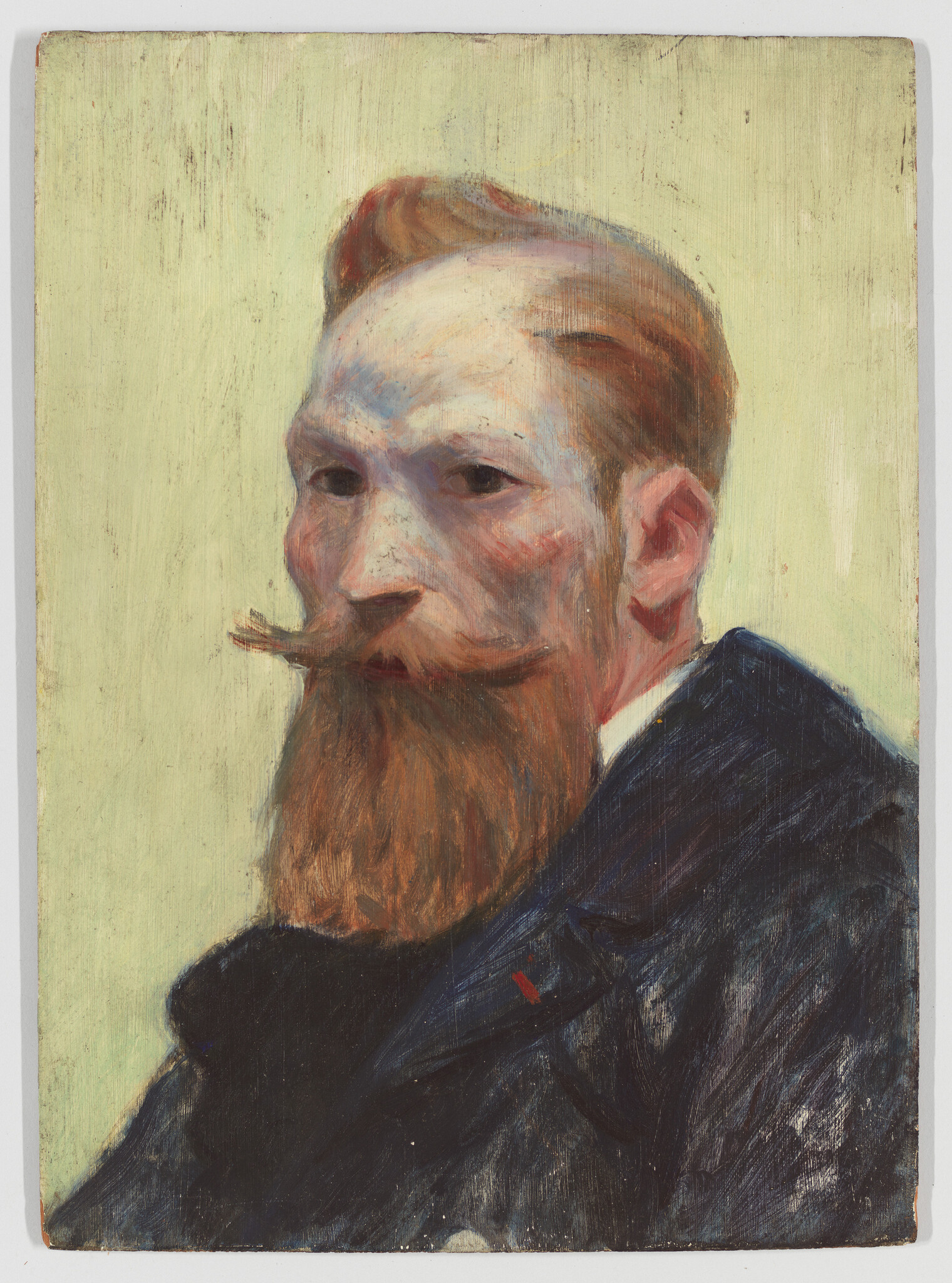 A red-bearded man with a curled mustache wearing a dark coat looks to the side.