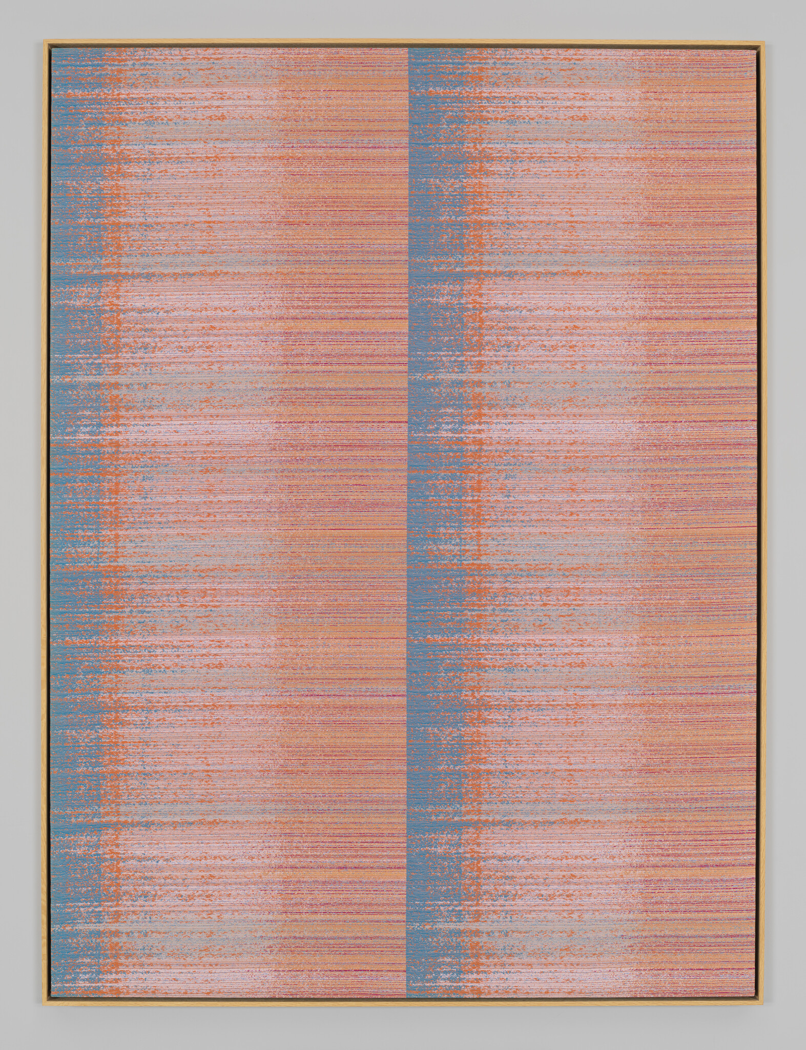 A framed vertical canvas featuring a textured pattern with two dominant vertical blue stripes running down the center, surrounded by a field of fine horizontal orange and blue streaks that create an overall shimmering effect.