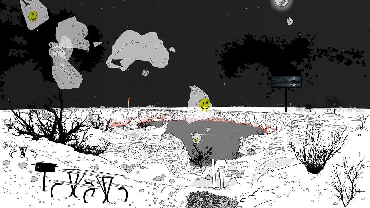 A hand-drawn animation features a toxic wasteland that deteriorates over time