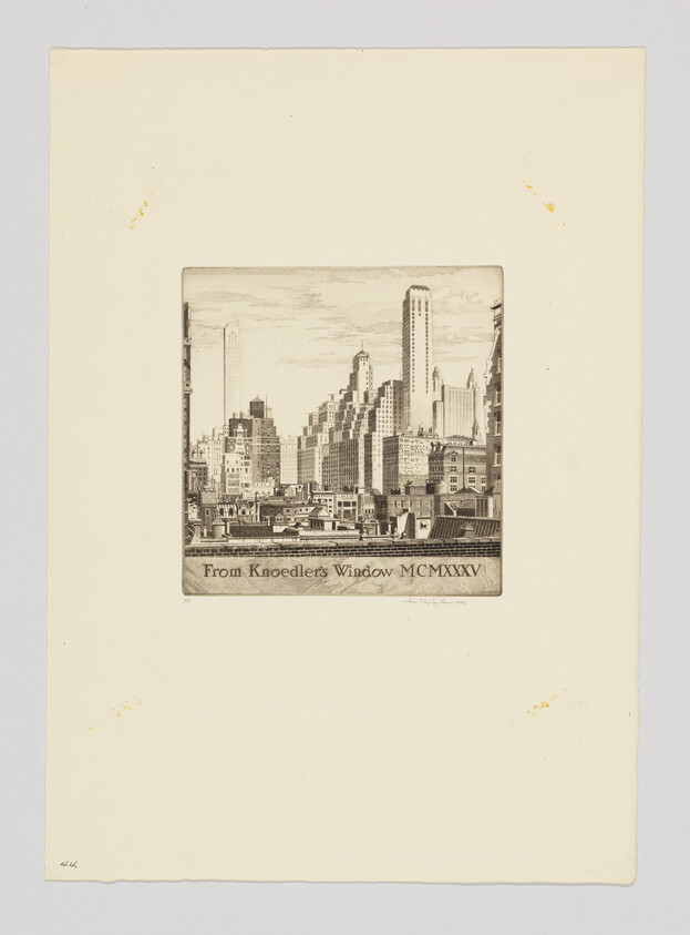 View of a dense city skyline from Knoedler's window, dated MCMXXXV.