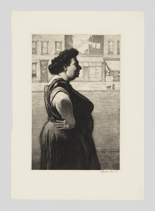 A woman in profile stands with hands on hips on a quiet city street.